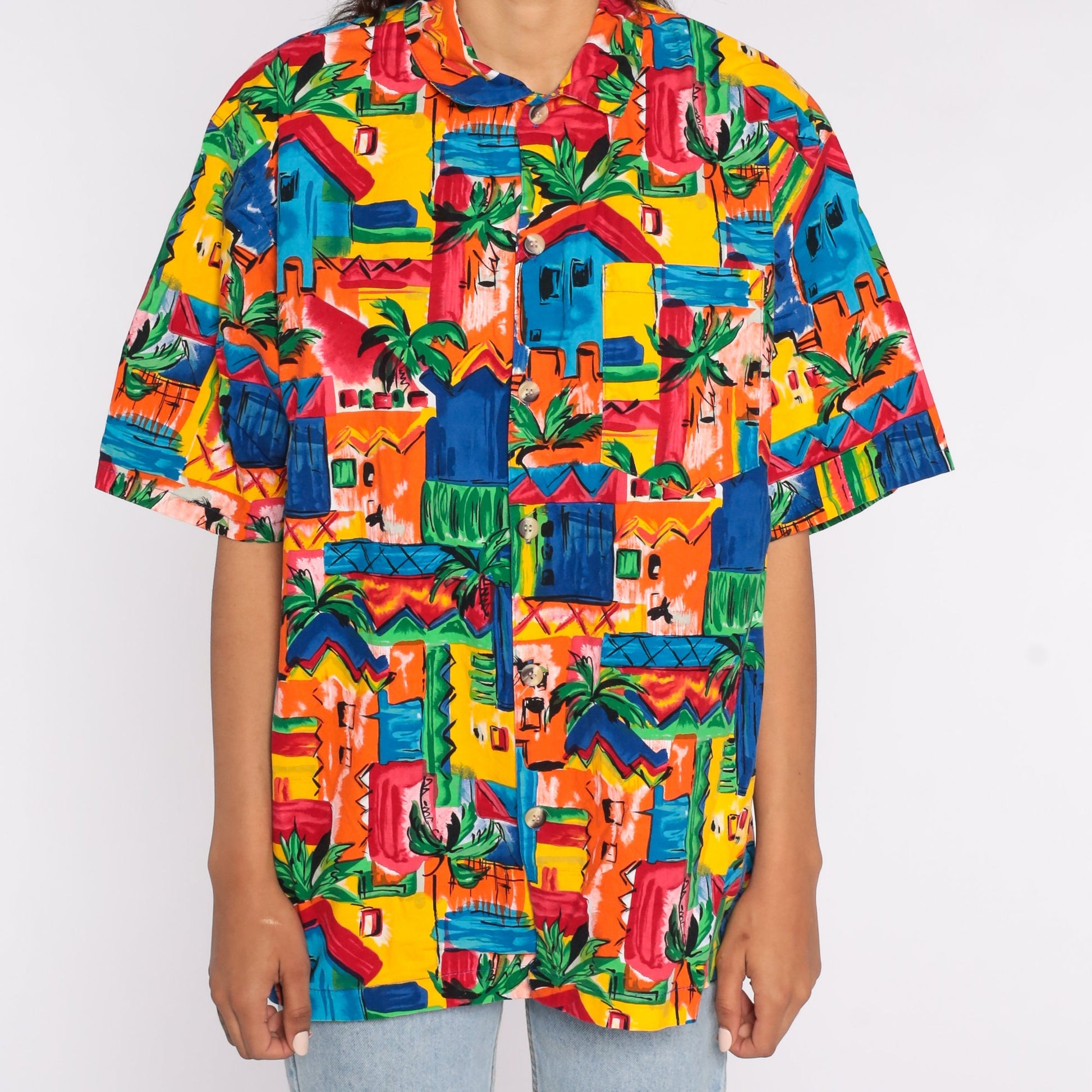 80s Tropical Palm Tree Button-Up Shirt Cotton Hawaiian Surfer Large