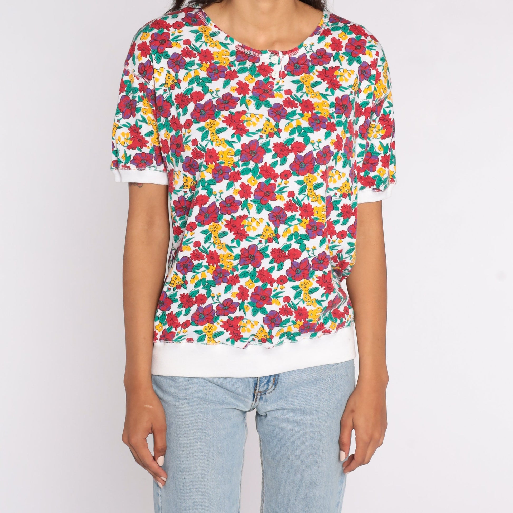 80s Floral Henley Shirt Red White Graphic Blouse Short Sleeve Large L
