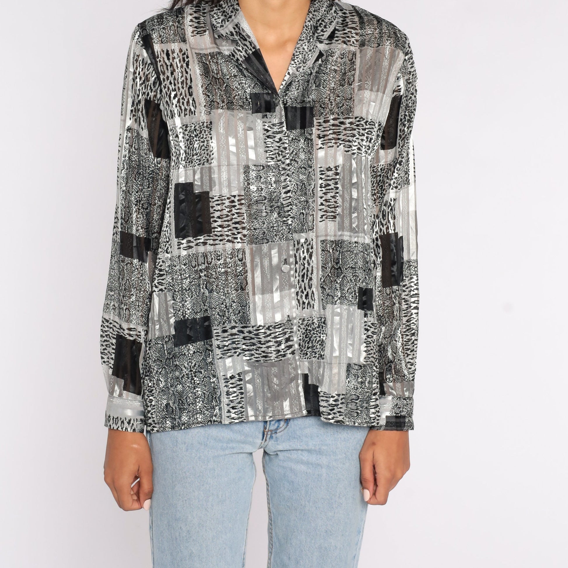 90s Leopard Print Semi-Sheer Blouse Black Striped Button-Up Medium