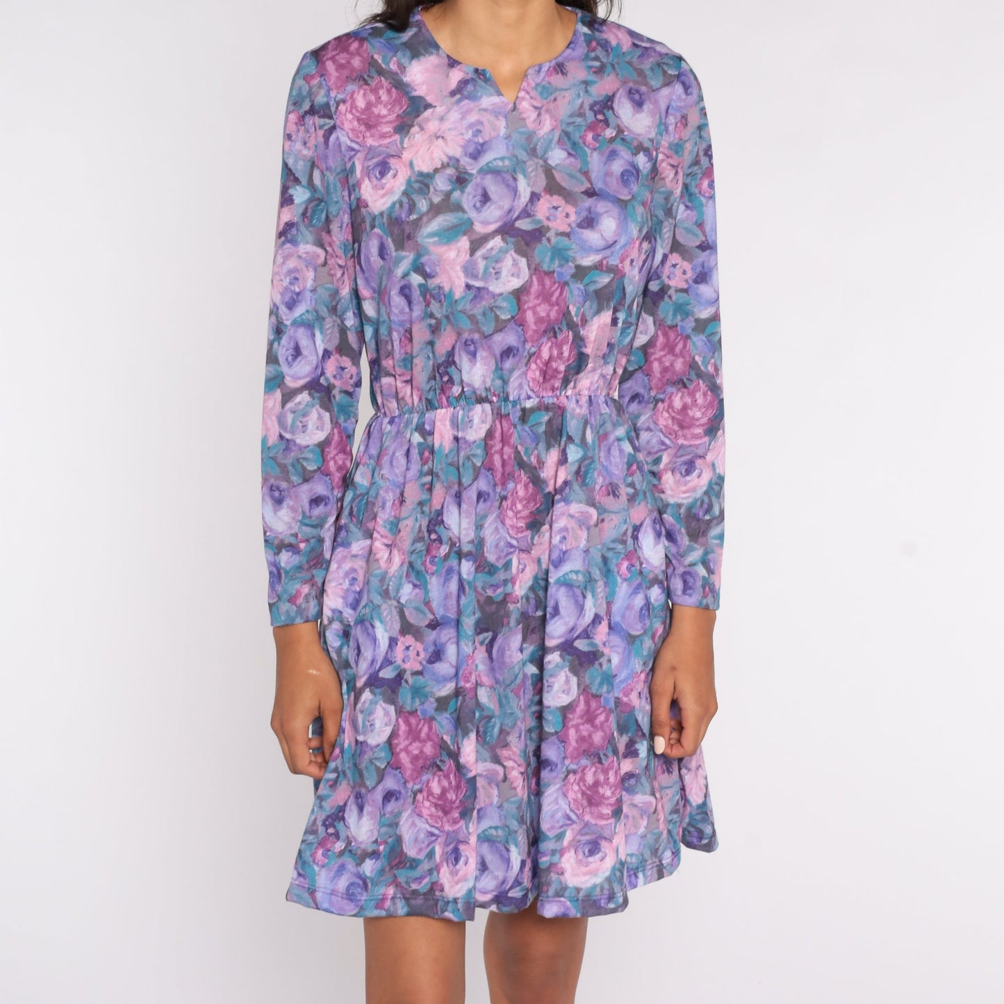 80s Floral Mini Dress Purple Pink V-Neck High Waisted Long Sleeve Small