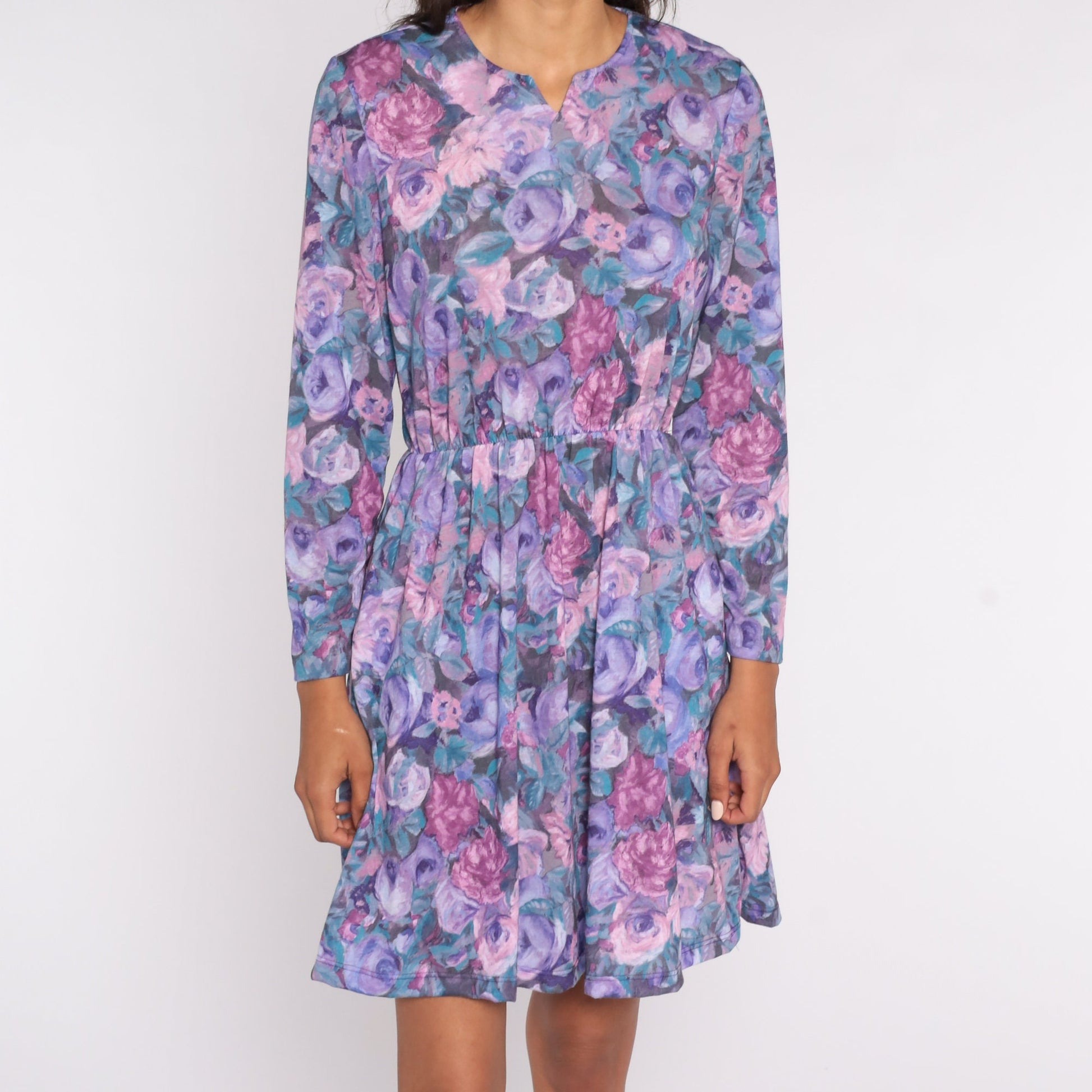 80s Floral Mini Dress Purple Pink V-Neck High Waisted Long Sleeve Small