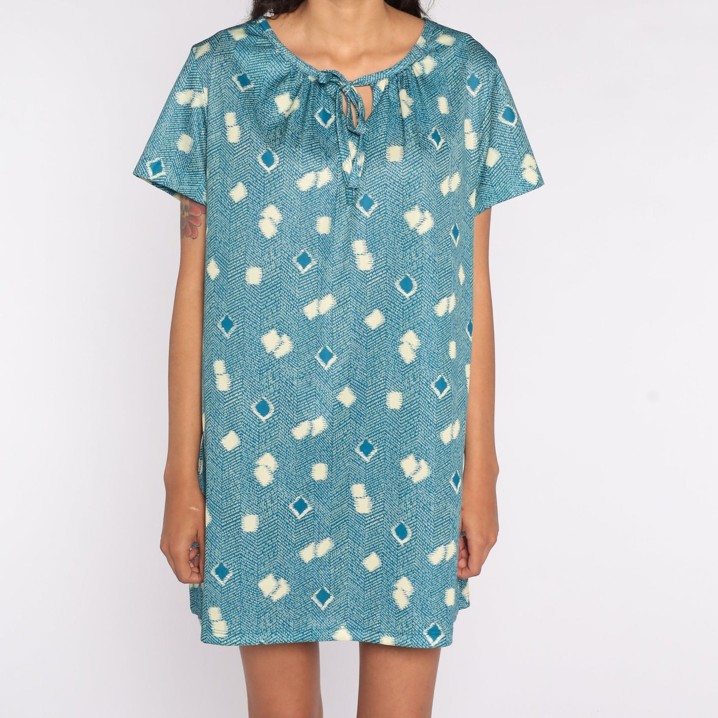 70s Geometric Print Shift Minidress Keyhole Neckline Blue Short Sleeve Extra Large