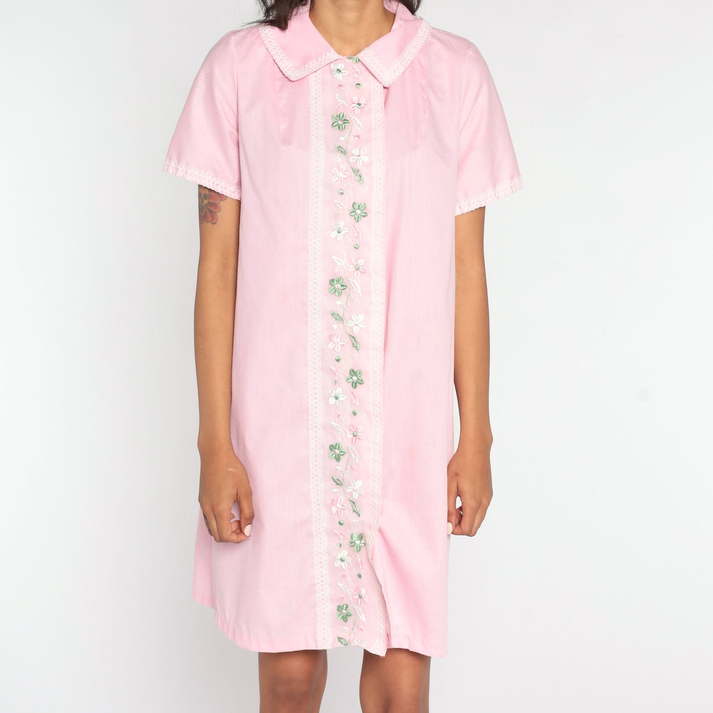 60s Floral Embroidered Shift Dress Baby Pink Button Front Mini Medium Large