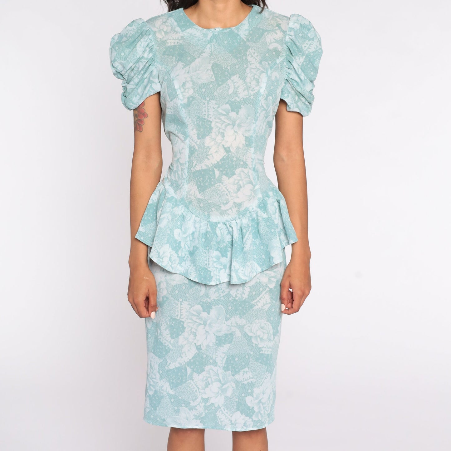 80s Blue-Green Floral Peplum Midi Dress Puff Sleeve Pencil Small