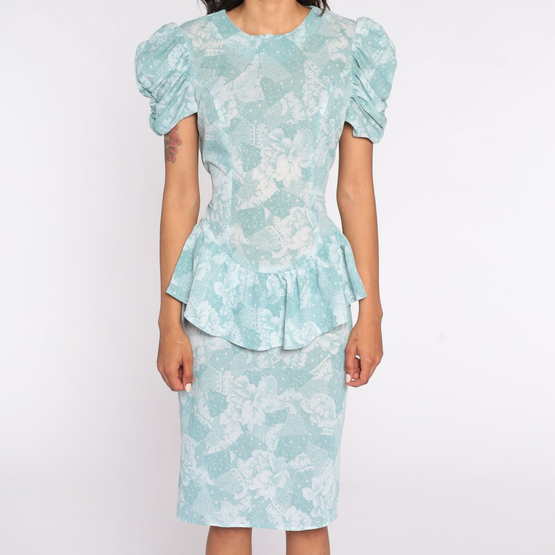 80s Blue-Green Floral Peplum Midi Dress Puff Sleeve Pencil Small