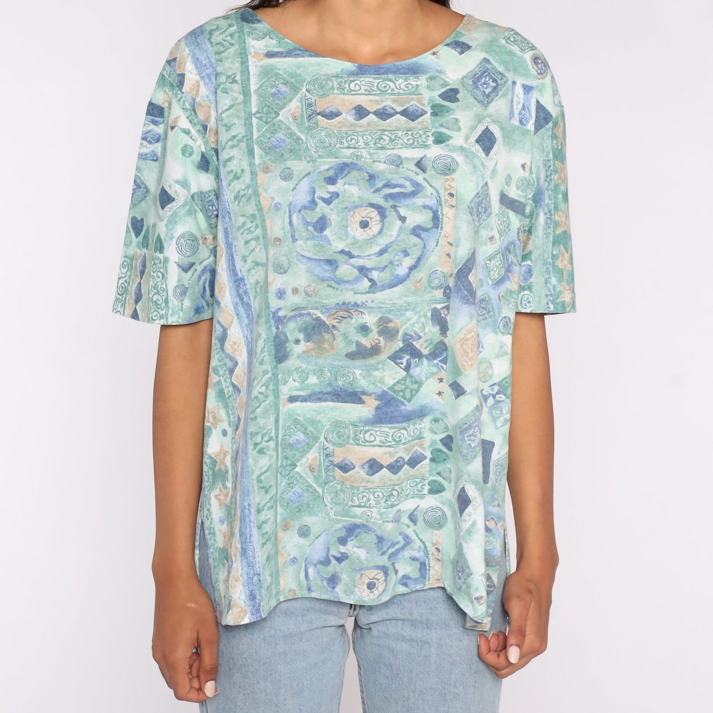 90s Geometric Graphic T-Shirt Green Grunge Tee Large XL