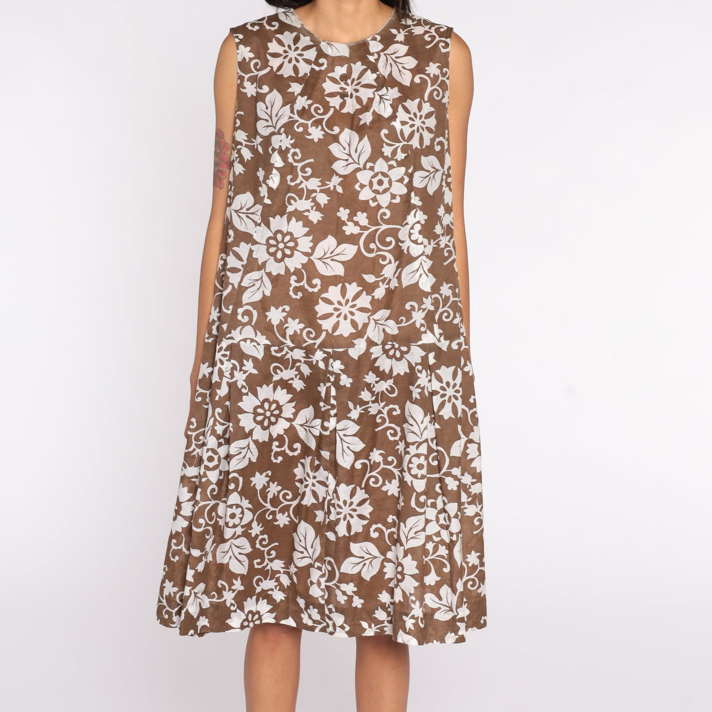 60s Mod Floral Drop Waist Midi Dress Pleated Sleeveless Brown Extra Large XL