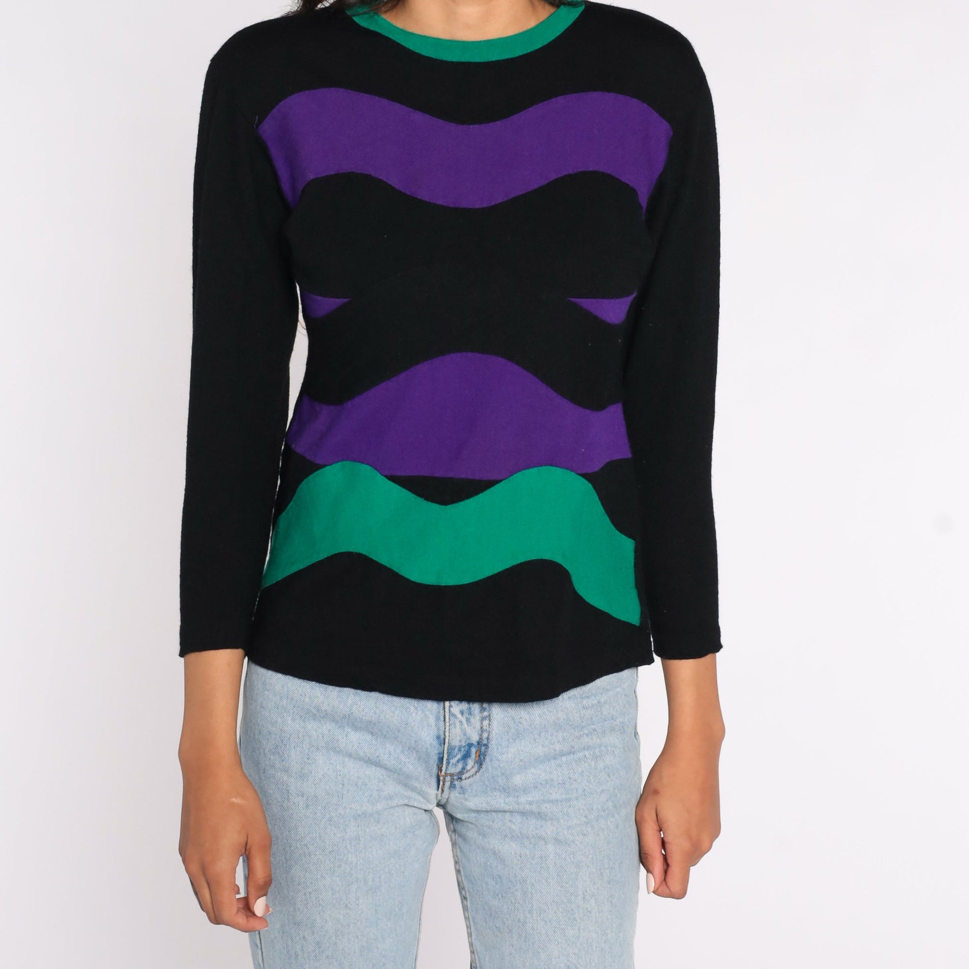 80s Black Purple Striped Wool Pullover Long Sleeve Shirt Small S