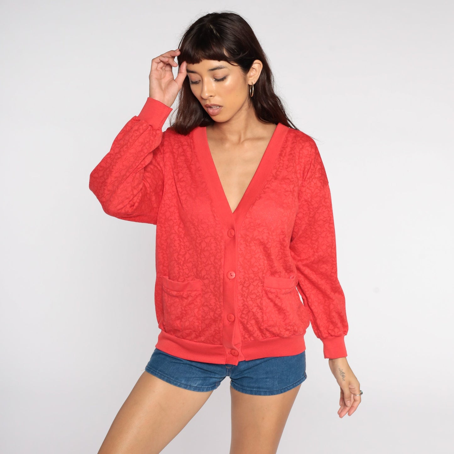 80s Red Floral Cardigan Sweatshirt Semi-Sheer Button-Up Medium Large