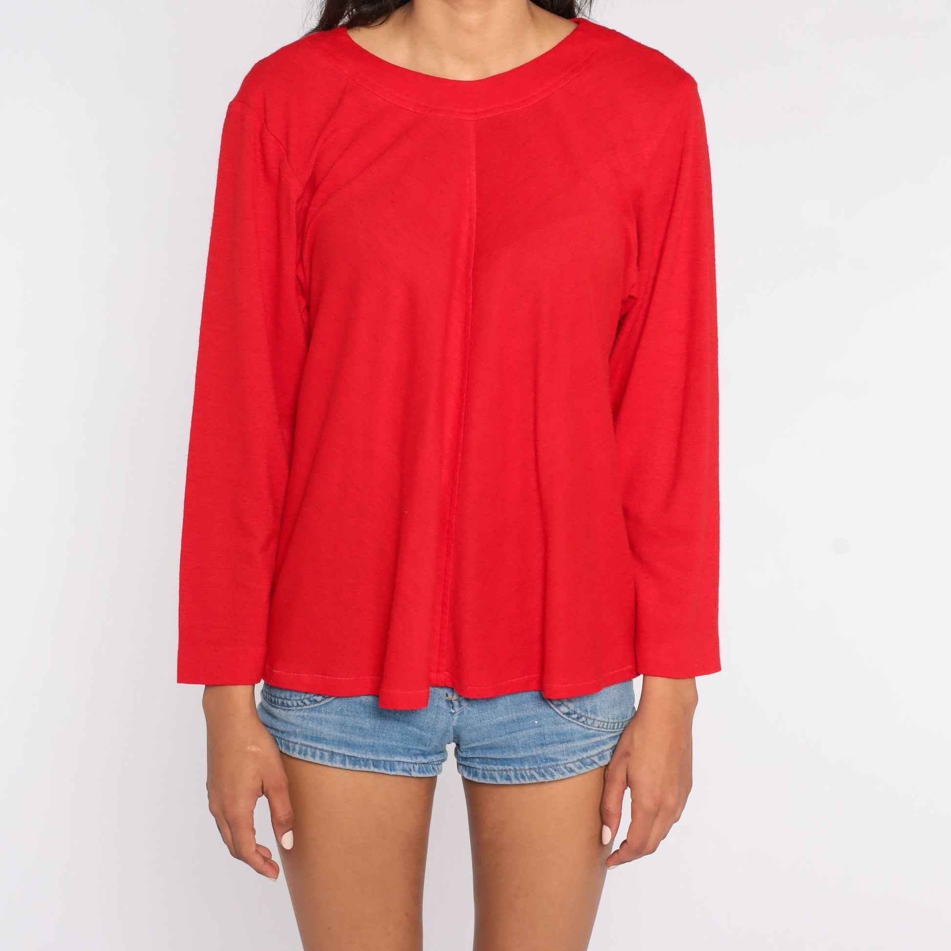 70s Red Trapeze Shirt Long Sleeve Blouse Medium