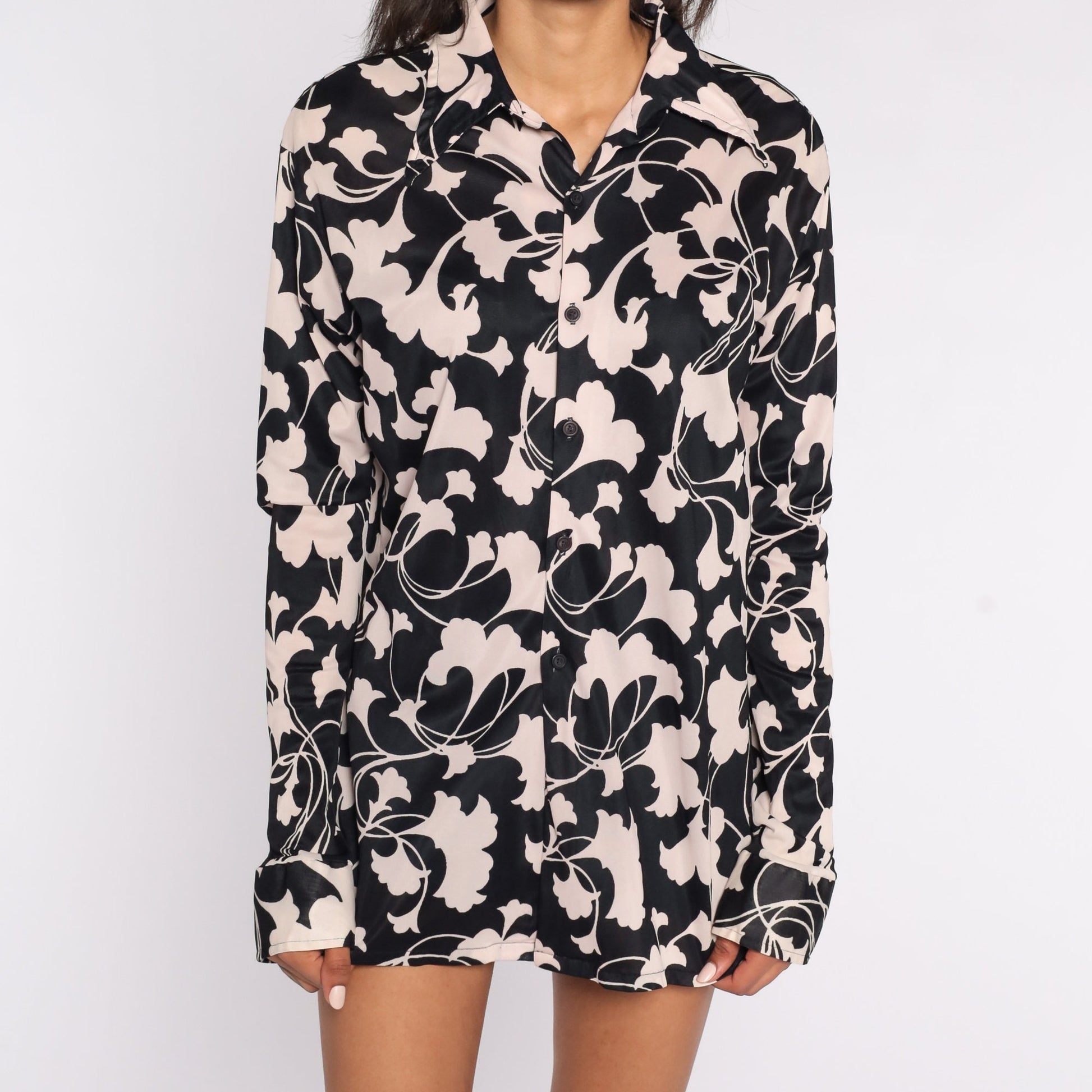 70s Floral Button-Up Shirt Dagger Collar Black Beige Long Sleeve Medium