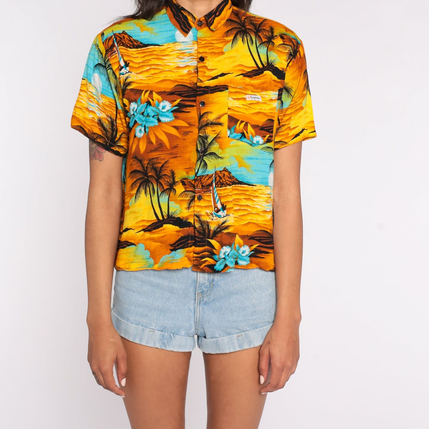 90s Hawaiian Sailboat Floral Print Button Up Shirt Yellow Small S