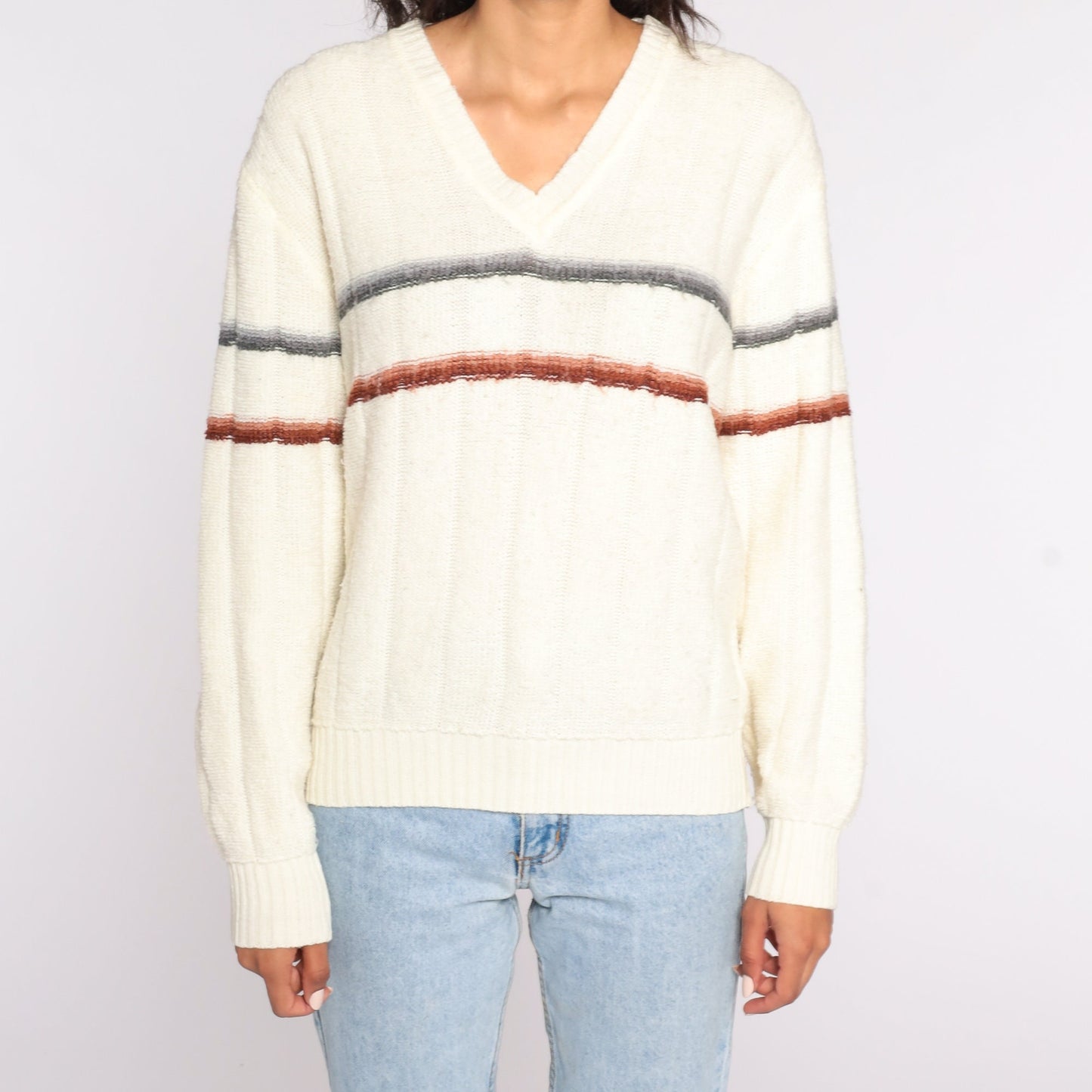 70s Kennington Striped V-Neck Sweater Cream Brown Medium Large