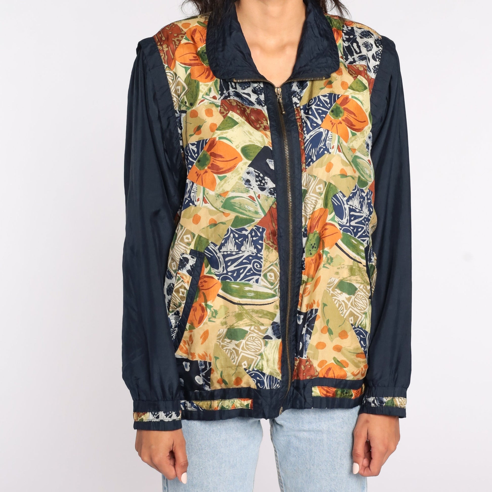 90s Silk Windbreaker Jacket Floral Print Black Tan Medium