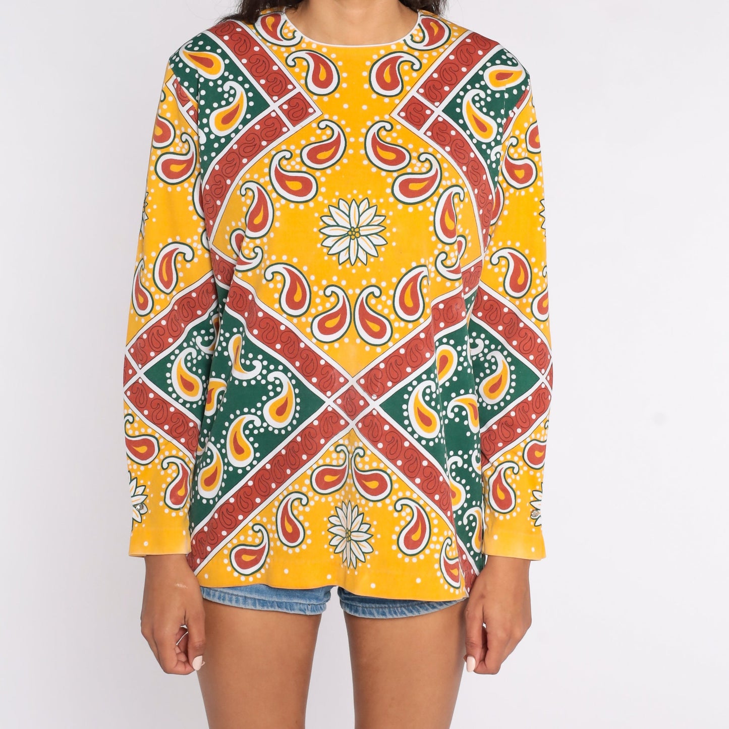 70s Psychedelic Floral Paisley Blouse Yellow Long Sleeve Extra Large