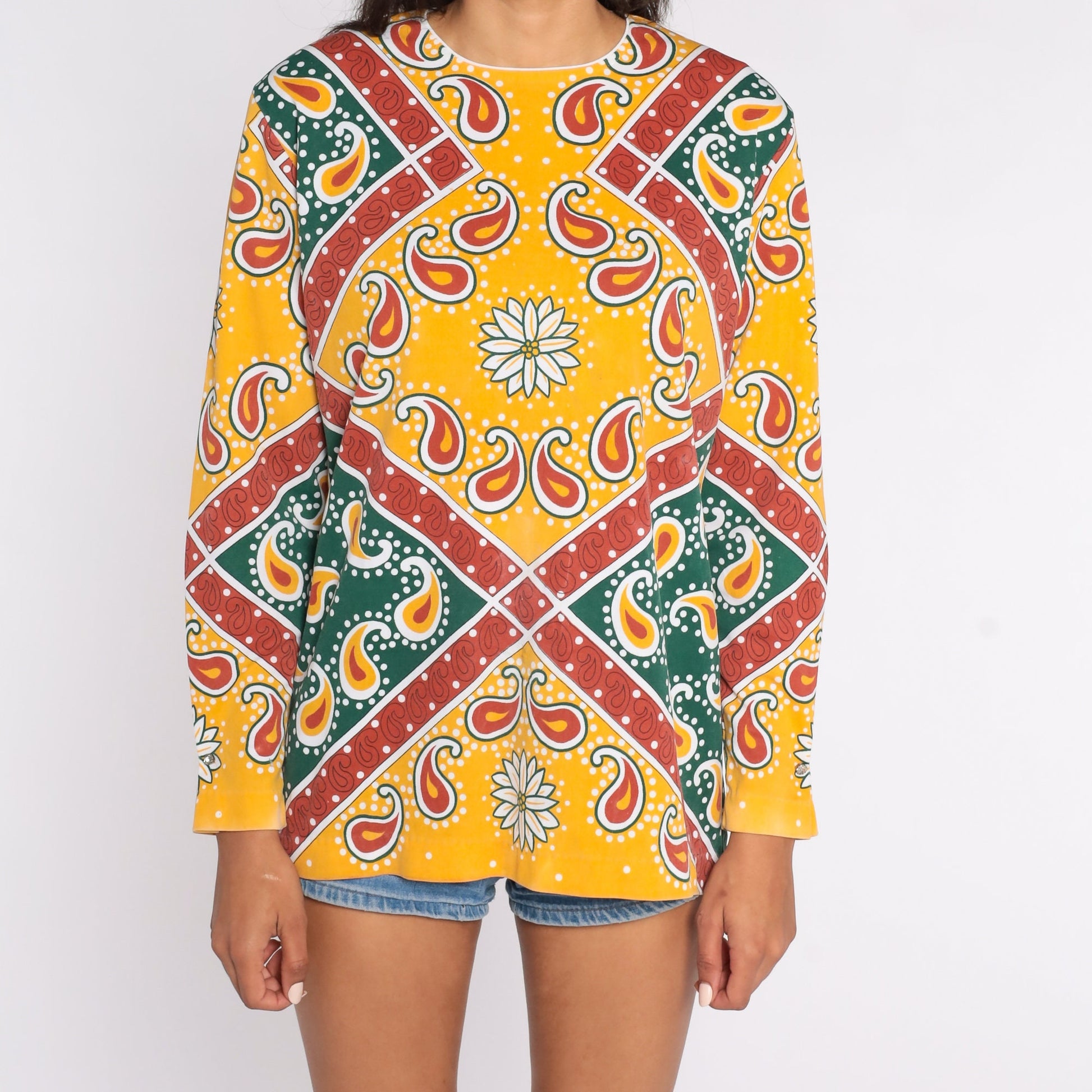 70s Psychedelic Floral Paisley Blouse Yellow Long Sleeve Extra Large