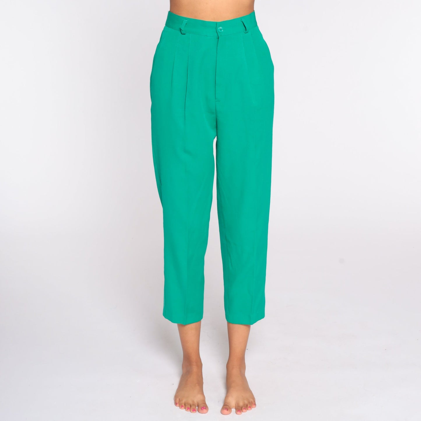 80s Green Pleated High-Waist Trousers Straight Leg Small