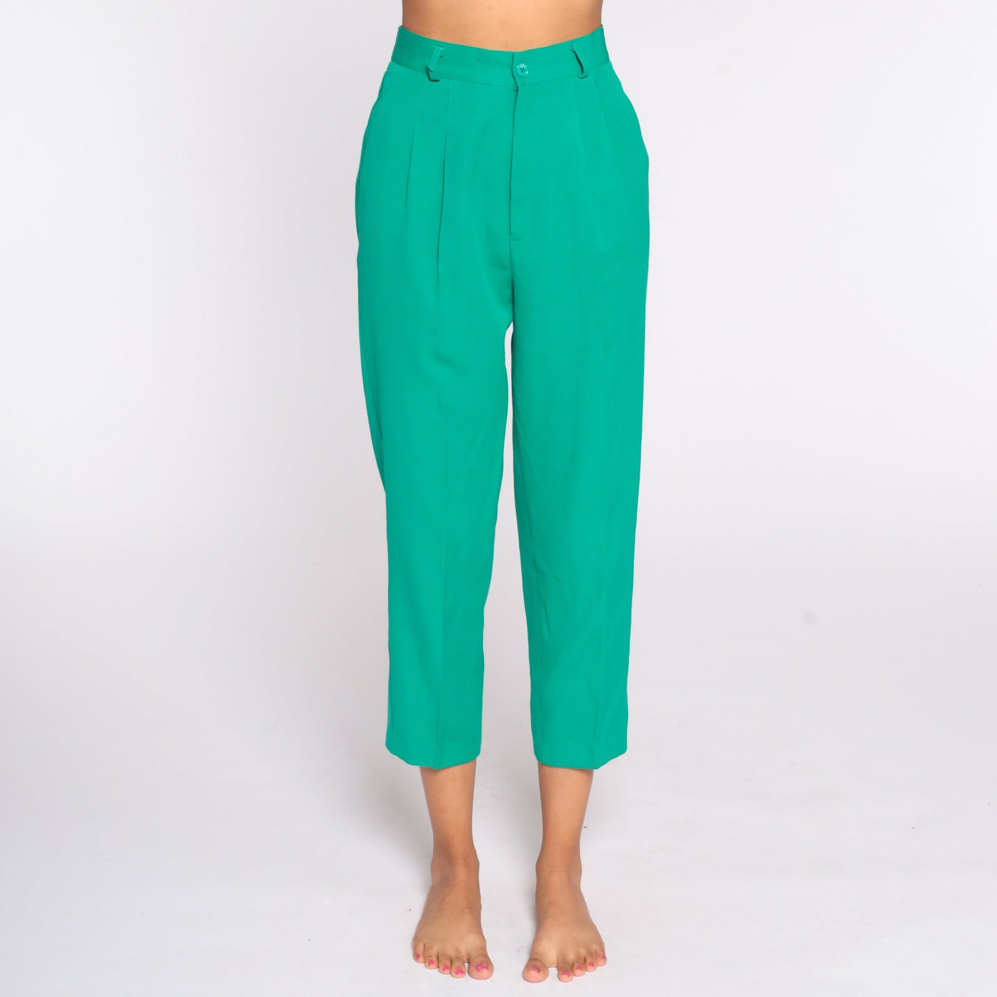 80s Green Pleated High-Waist Trousers Straight Leg Small