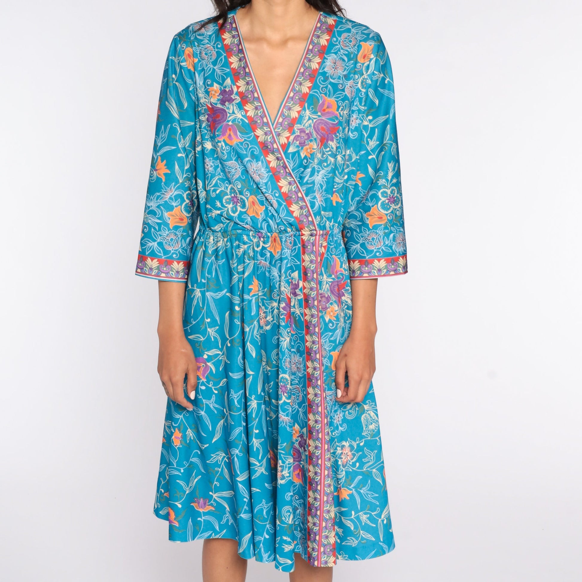 70s Blue Floral Wrap Midi Dress Deep V Neck Long Sleeve Extra Large