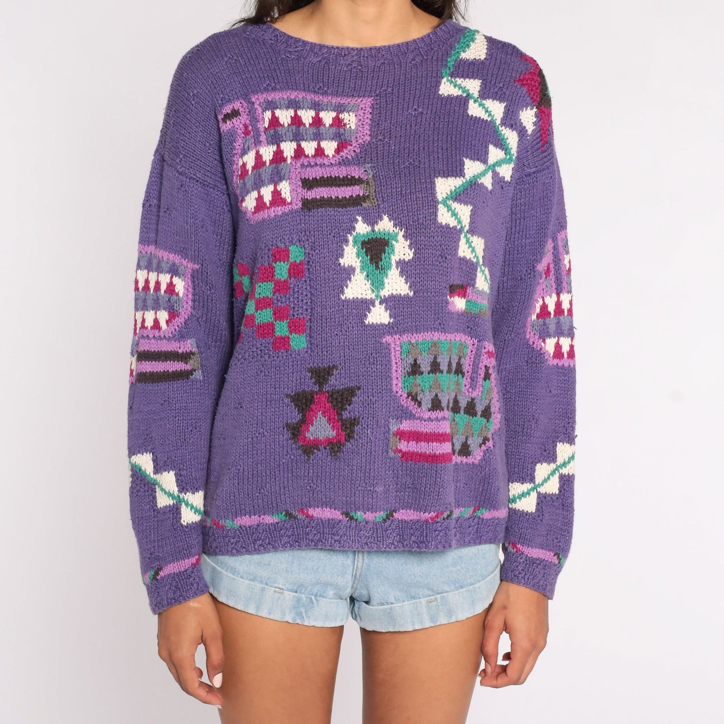 90s Purple Geometric Knit Sweater Cotton Ramie Pullover Medium