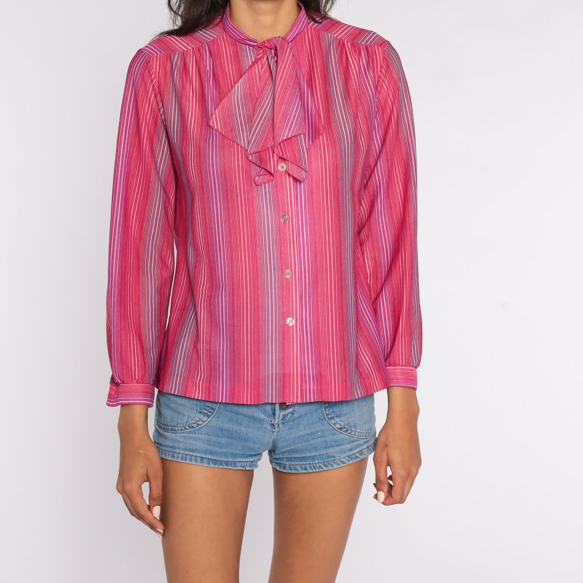 80s Striped Ascot Blouse Pink Long Sleeve Button Up Small Medium