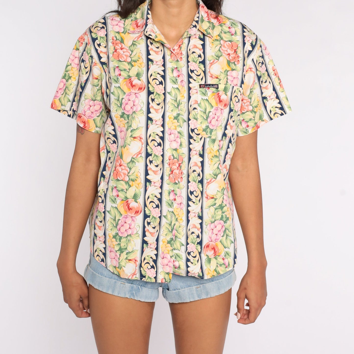 90s Fruit Print Button Up Shirt Grape Berry Short Sleeve Cotton Large