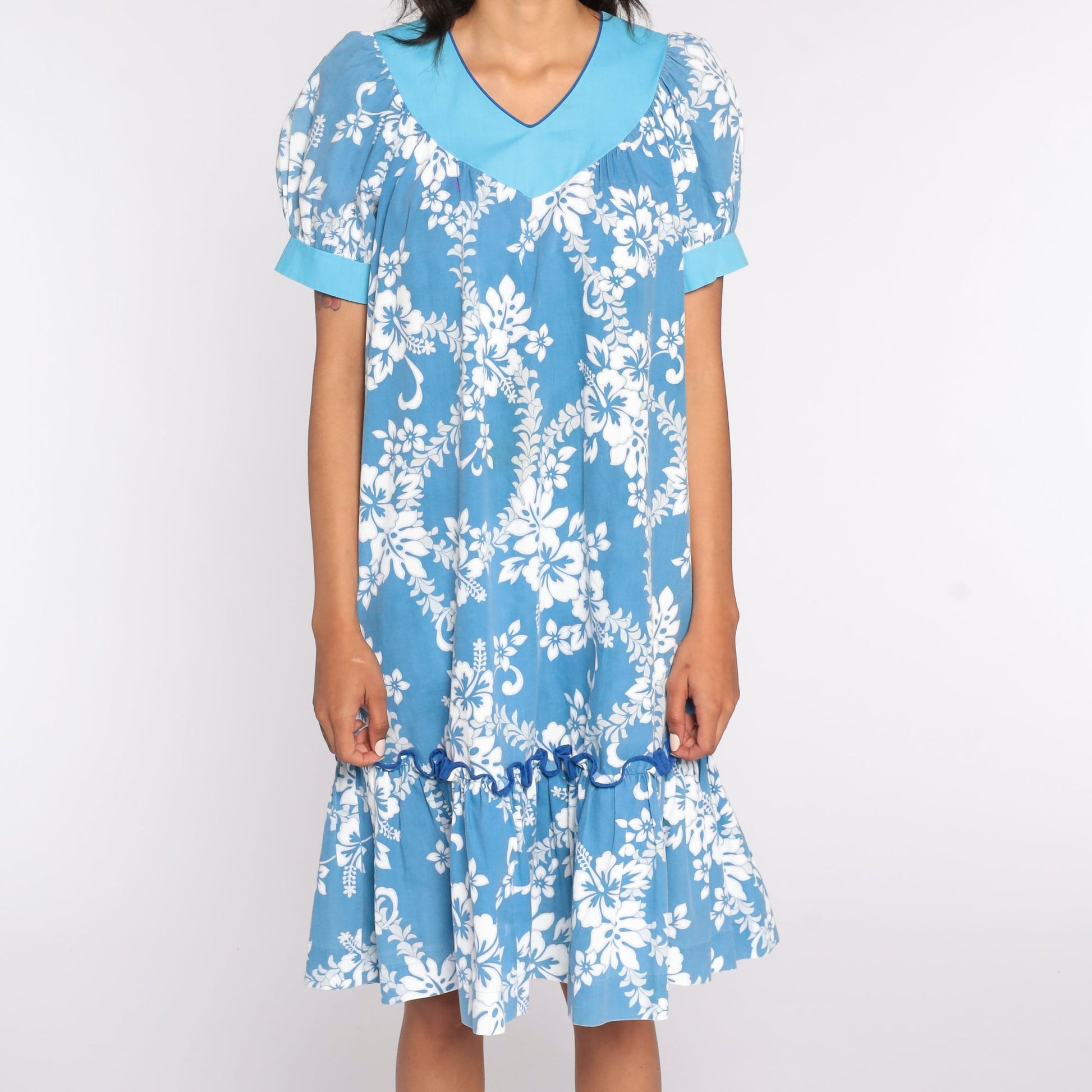 80s Floral Midi Dress Puff Sleeve Tent Cut Blue Cotton Medium