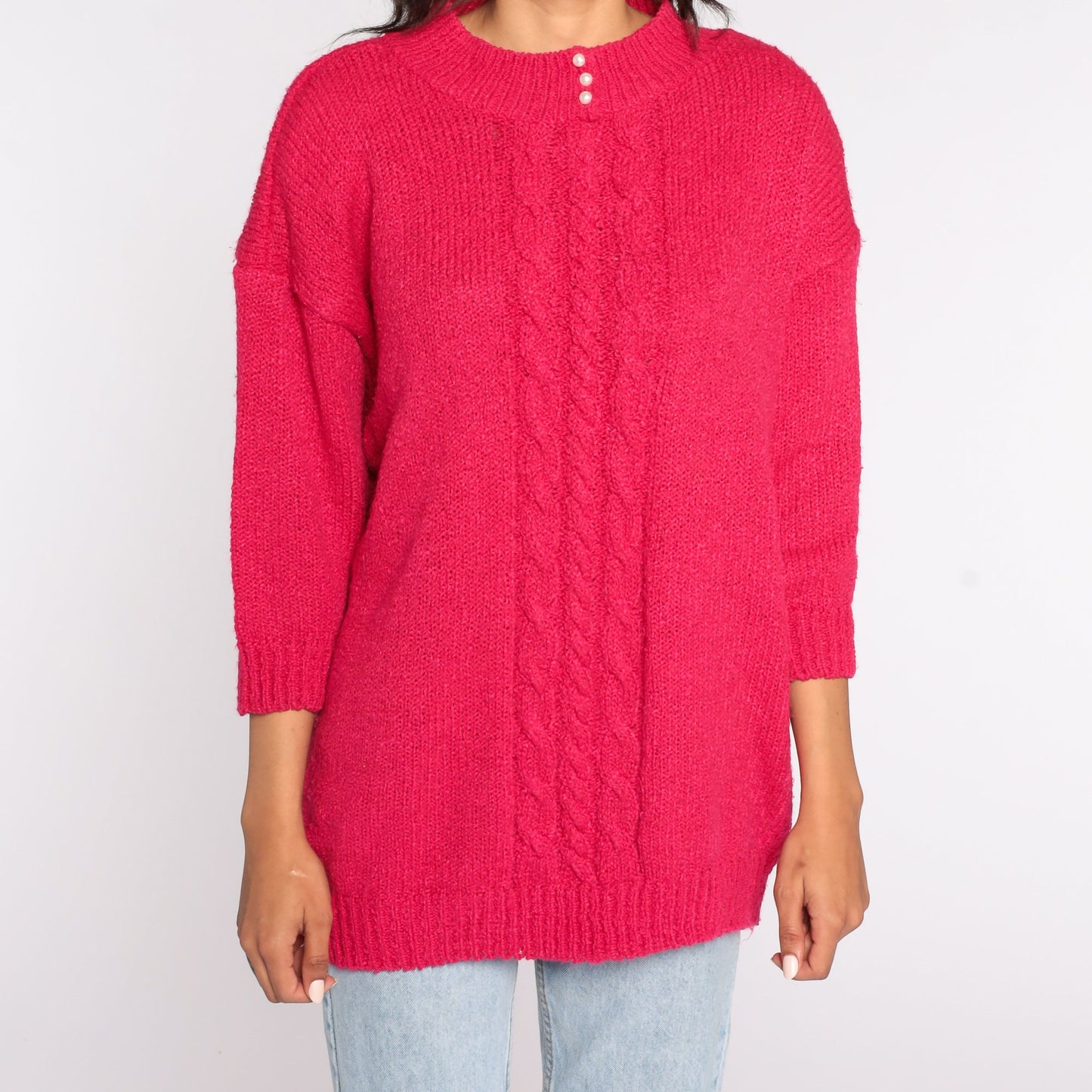 80s Hot Pink Cable Knit Sweater Pearl Button Pullover Extra Large XXL