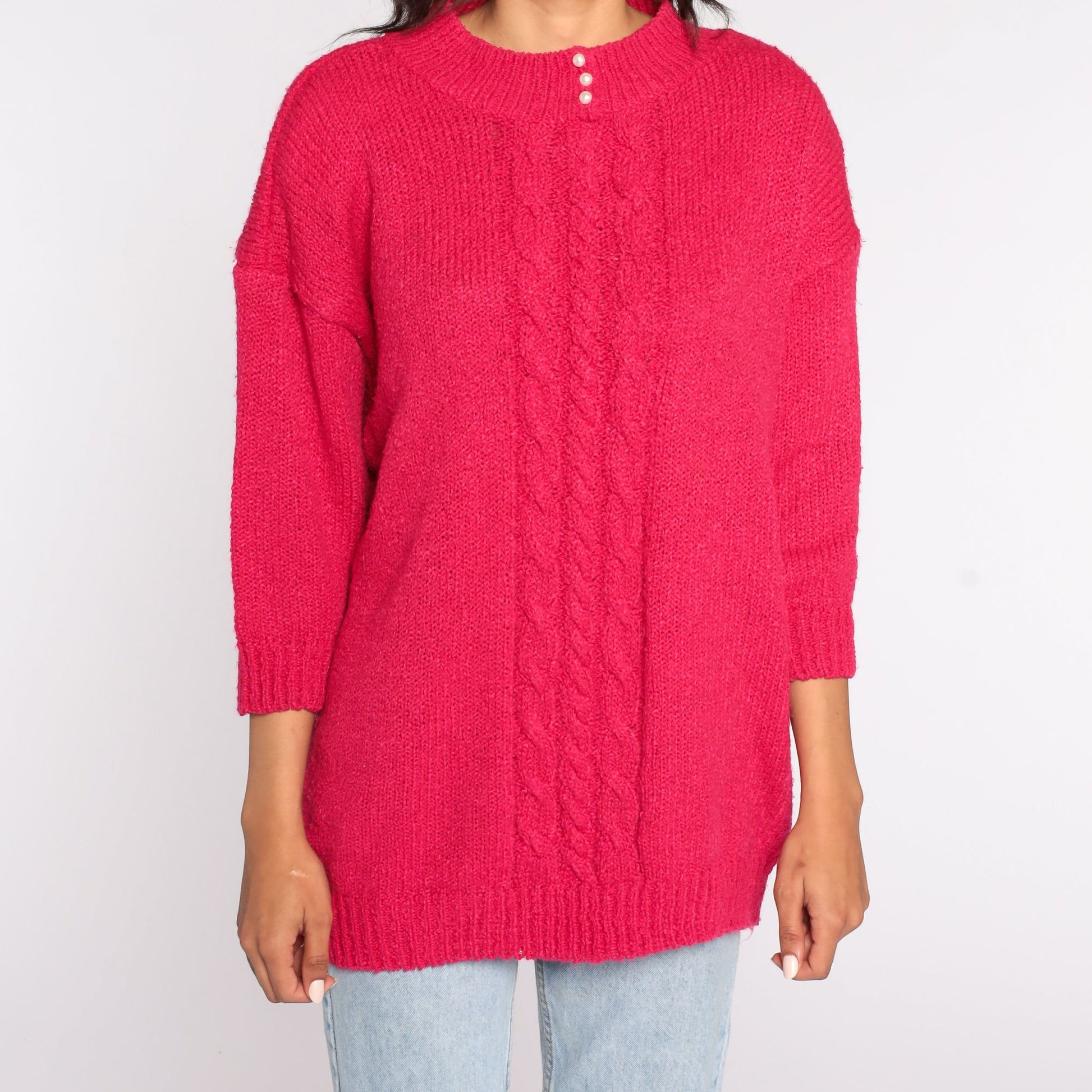 80s Hot Pink Cable Knit Sweater Pearl Button Pullover Extra Large XXL