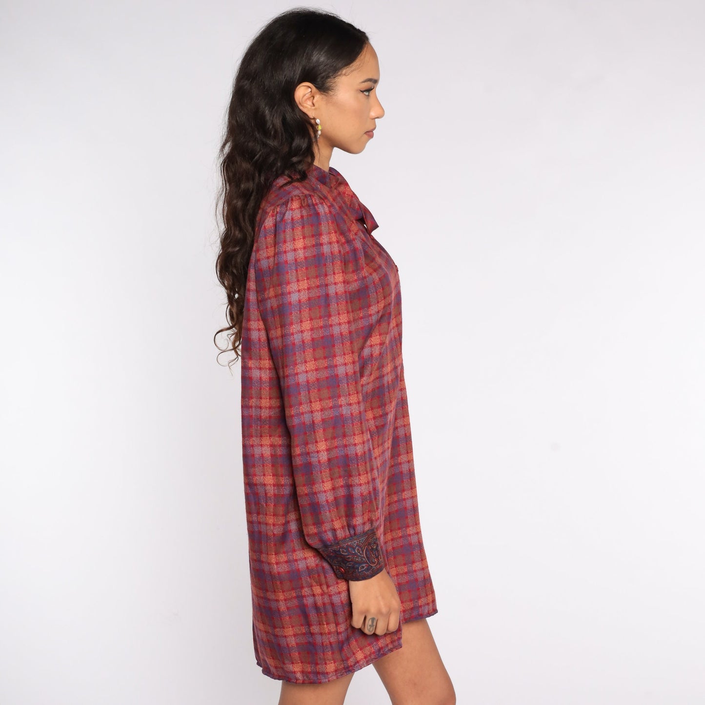 80s Plaid Mini Dress Red Brown Puff Sleeve Button Up Ascot Medium