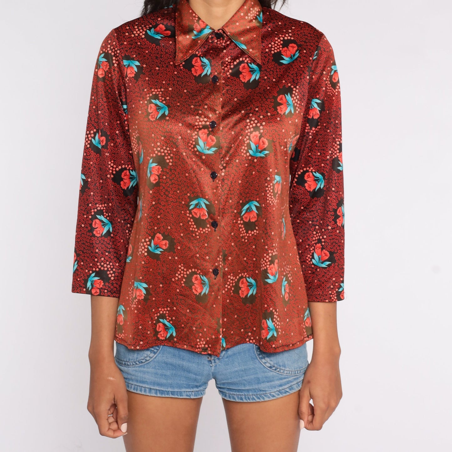 70s Floral Button-Up Shirt Red Flower Print Long Sleeve Blouse Medium Large