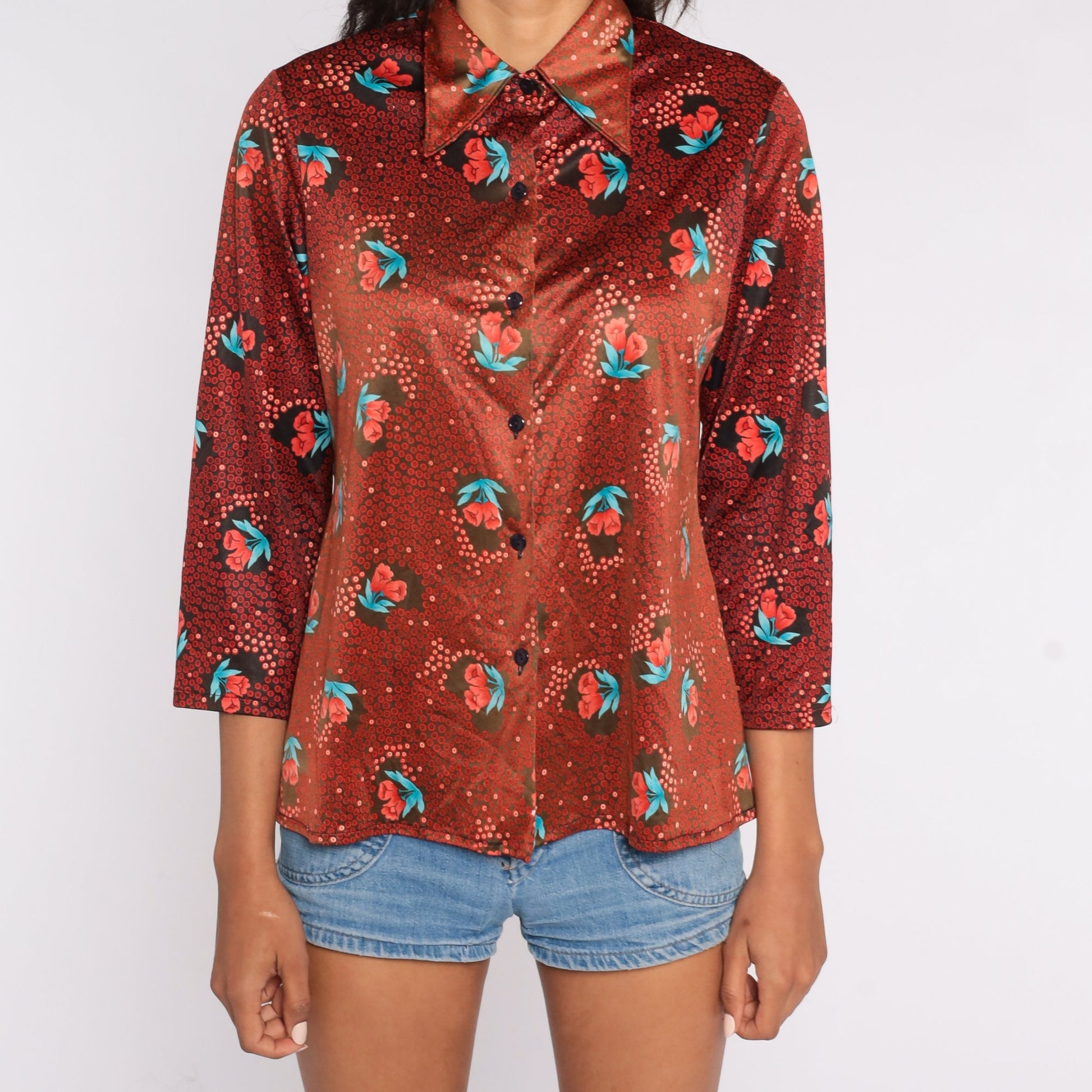 70s Floral Button-Up Shirt Red Flower Print Long Sleeve Blouse Medium Large