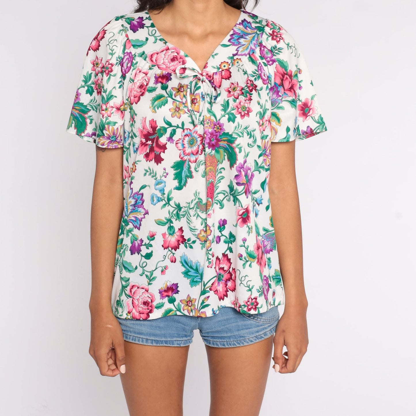 70s Floral Print Blouse White Tent Cut Flutter Sleeve Vintage Shirt Large L