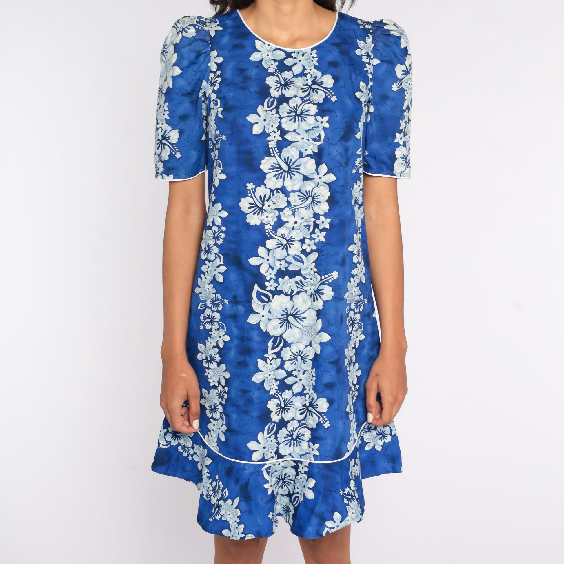 80s Hawaiian Floral Mini Dress Puff Sleeve Shift Cotton Small