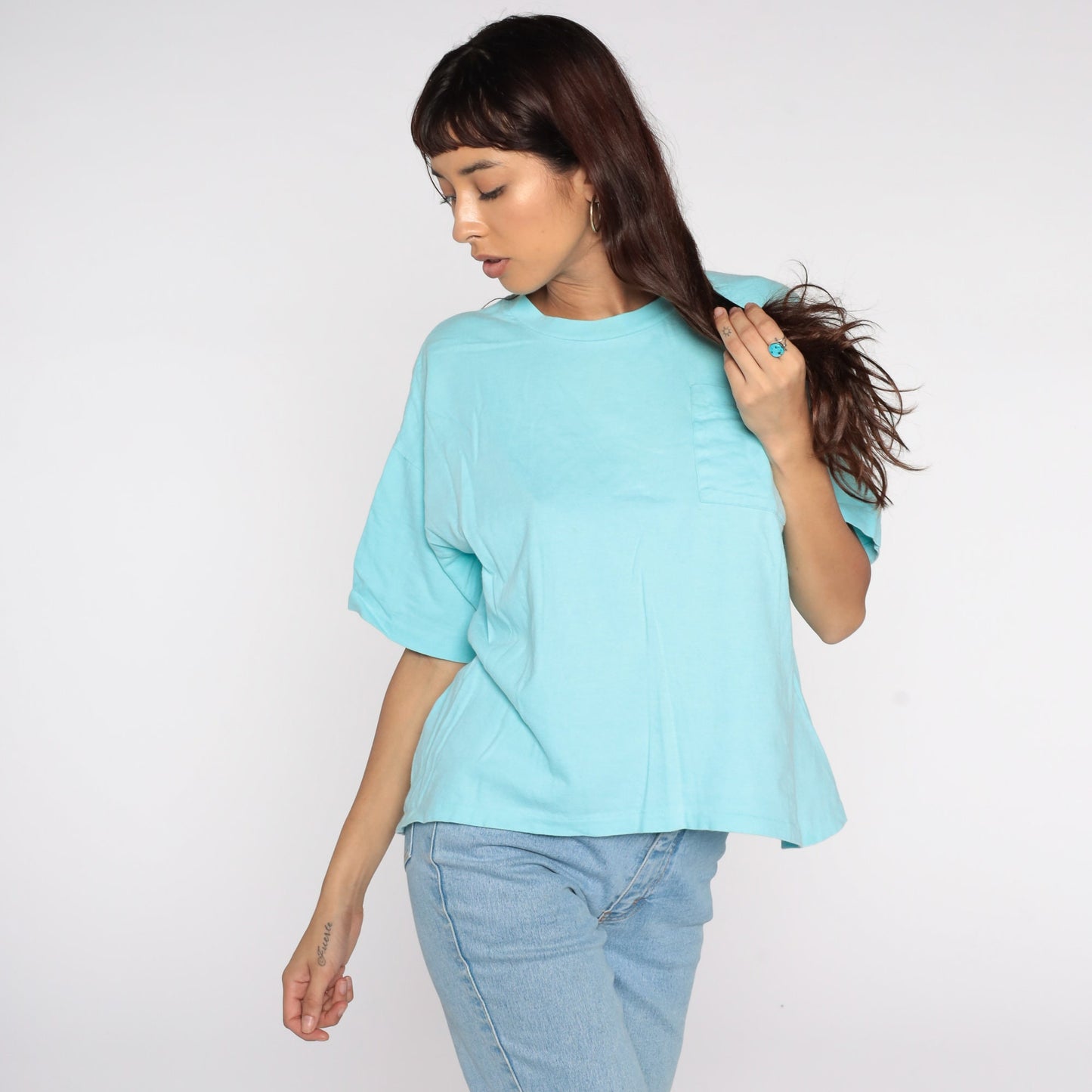 80s Blue Pocket T-Shirt Cotton Plain Crewneck Large
