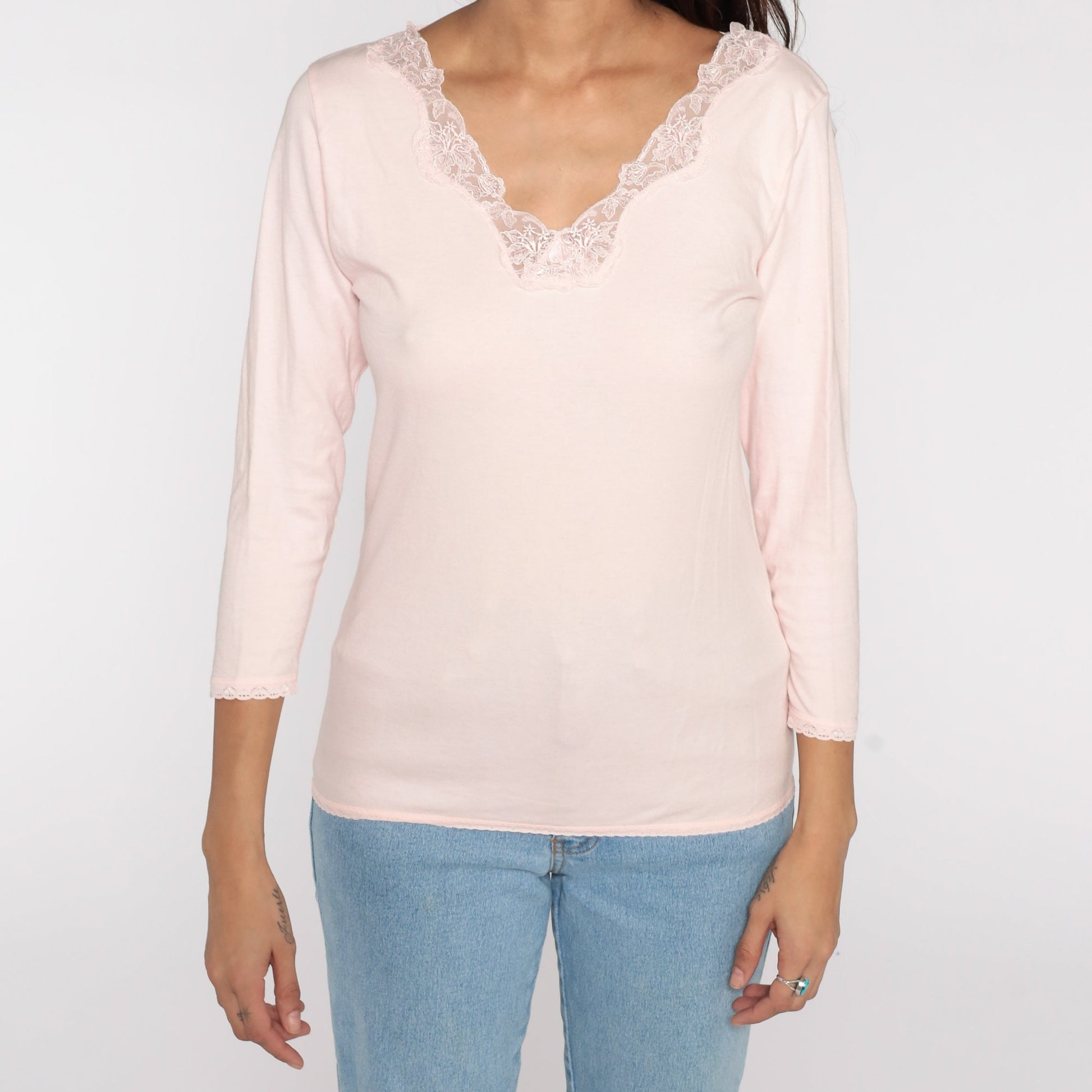 80s Baby Pink Long Sleeve Tee Lace Trim Cotton Blend Medium