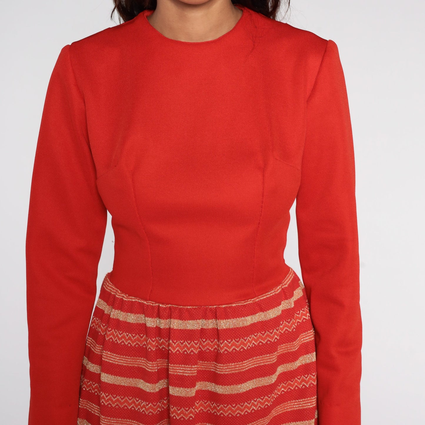 60s Mod Mini Dress Red Gold Striped Long Sleeve High Waist Small