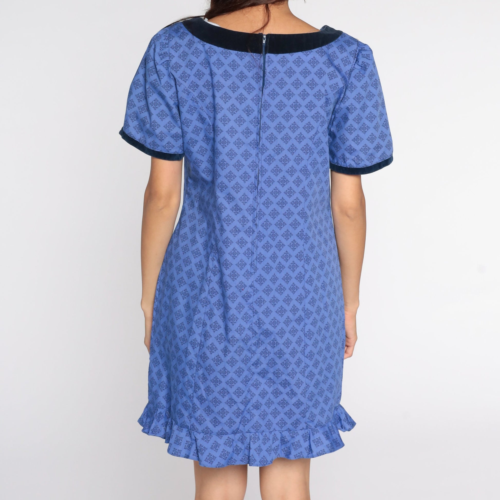 80s Purple Geometric Puff Sleeve Mini Dress Shift Cotton Medium