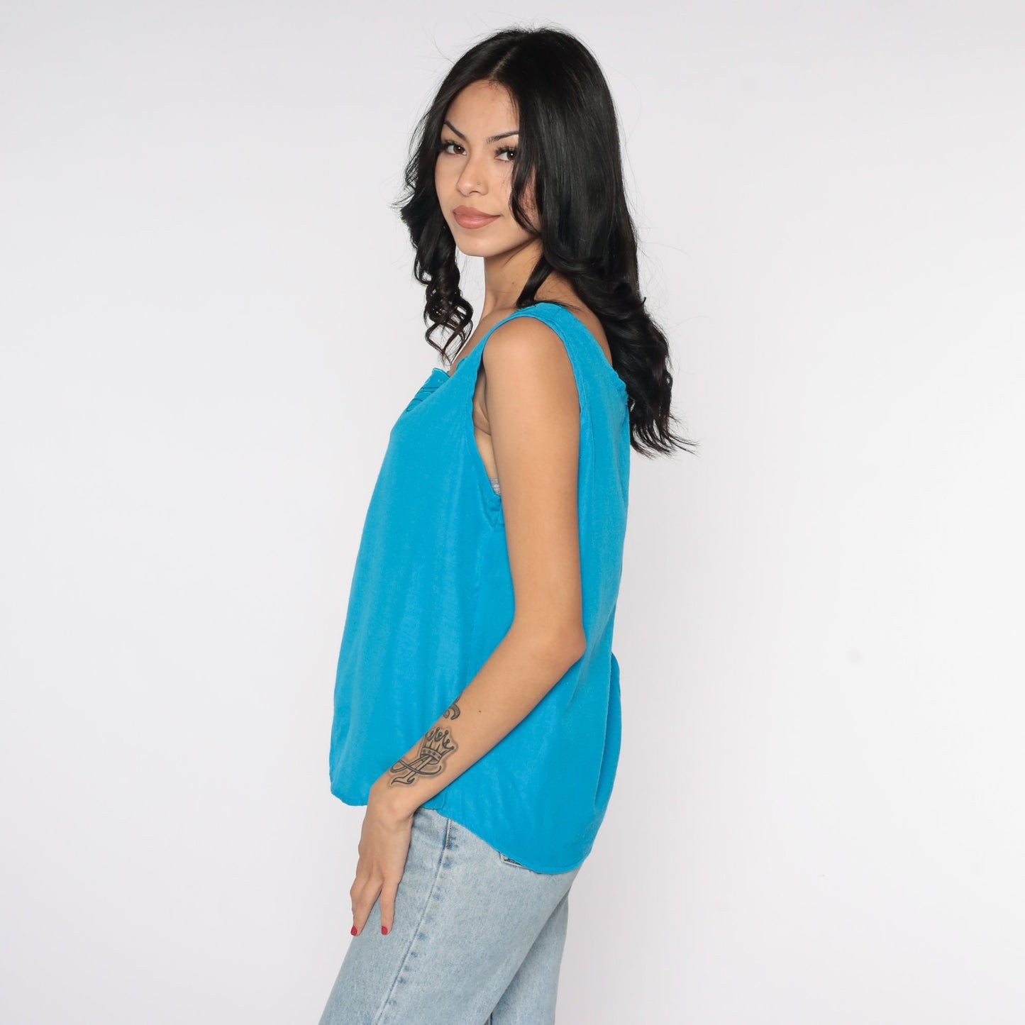 80s Blue Linen Tank Top Embroidered Butterfly Sleeveless Blouse Small