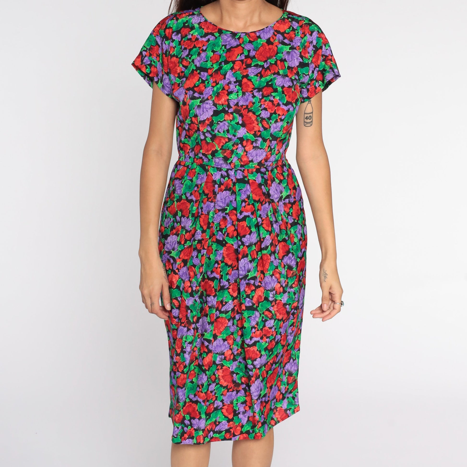 80s Floral Midi Dress High Waisted Pencil Button Back Short Sleeve Small
