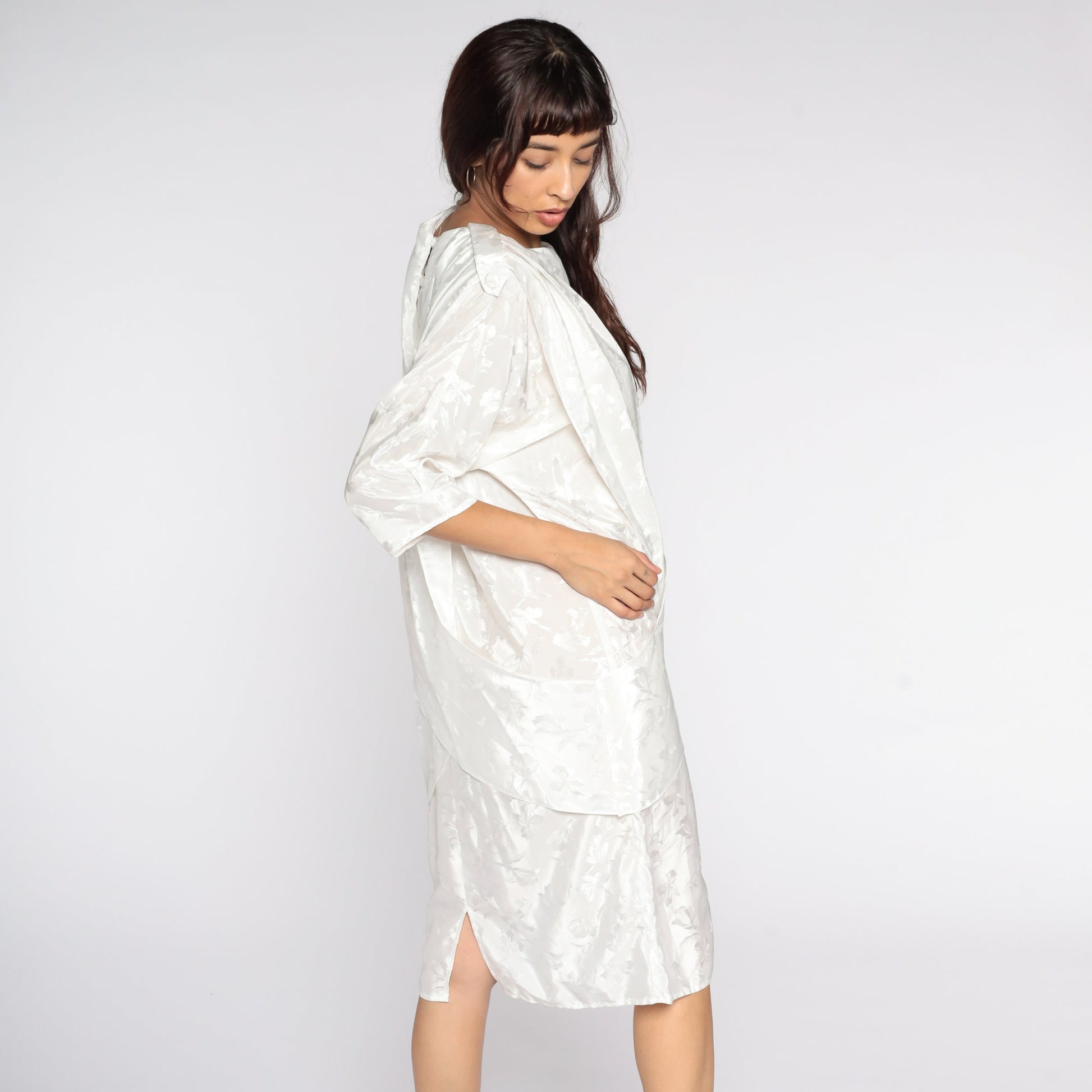 80s All That Jazz White Floral Embossed Midi Dress Draped Panel Medium