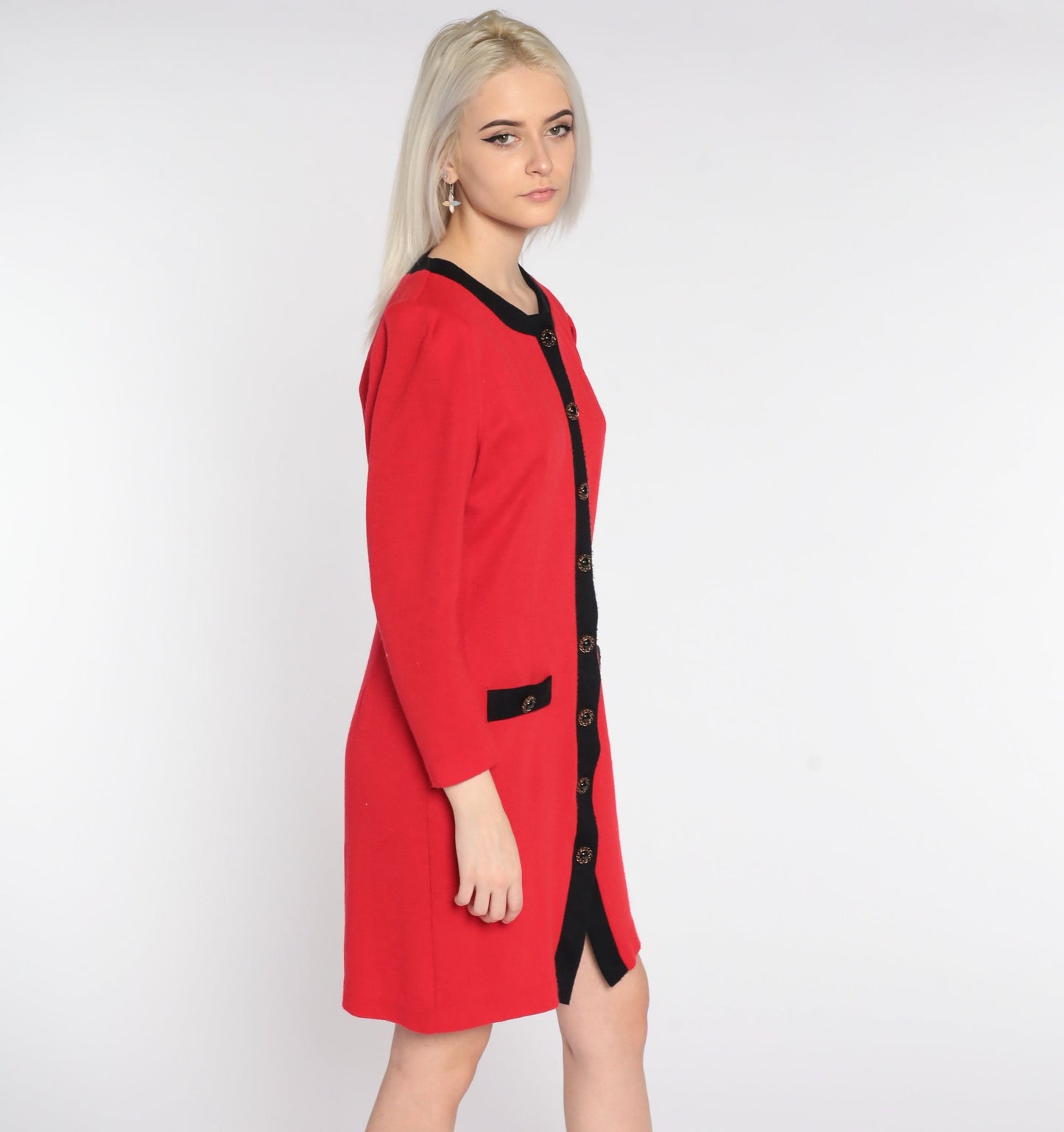 80s Red Mini Dress Puff Sleeve Button Up Black Trim Small