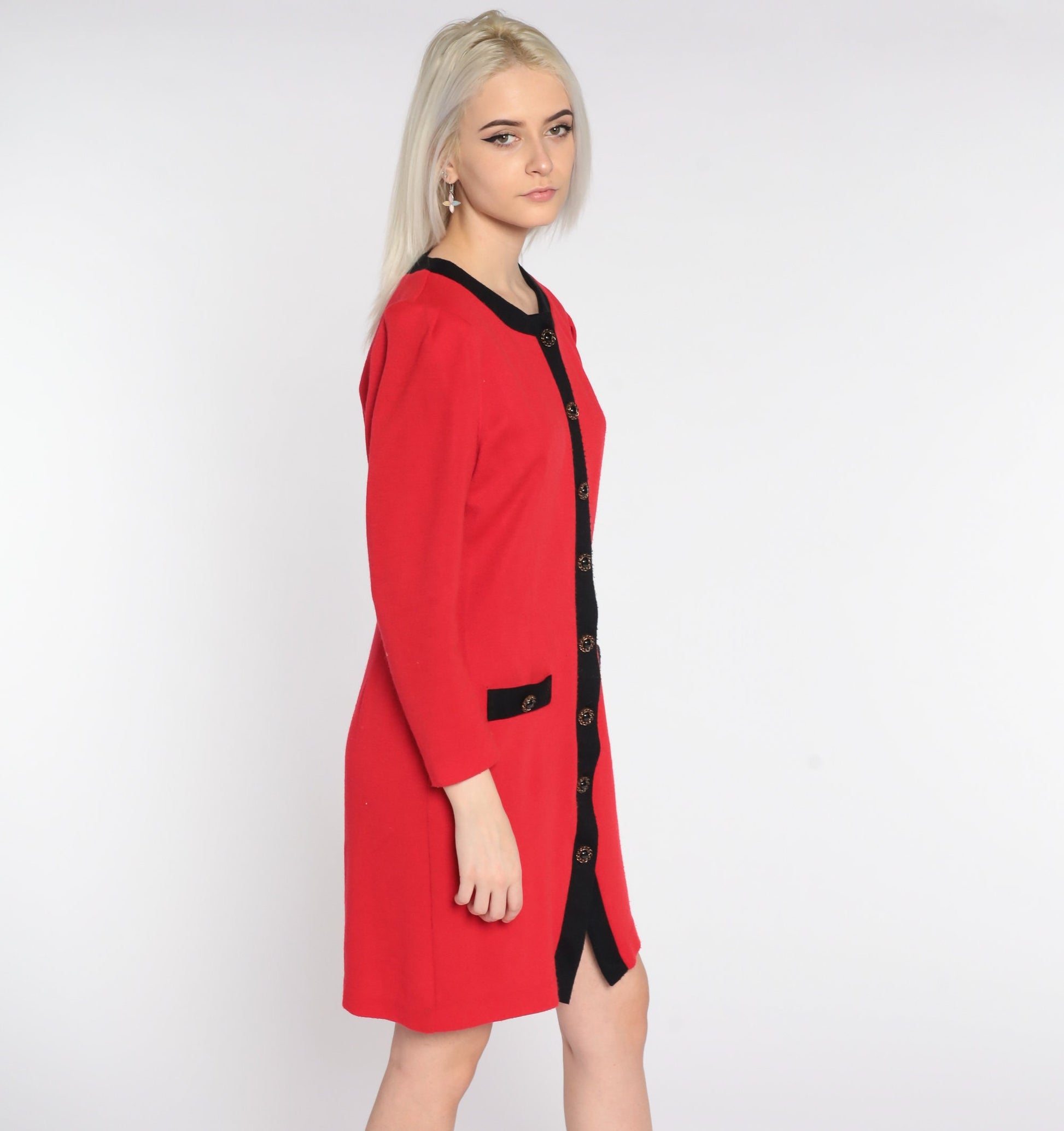 80s Red Mini Dress Puff Sleeve Button Up Black Trim Small