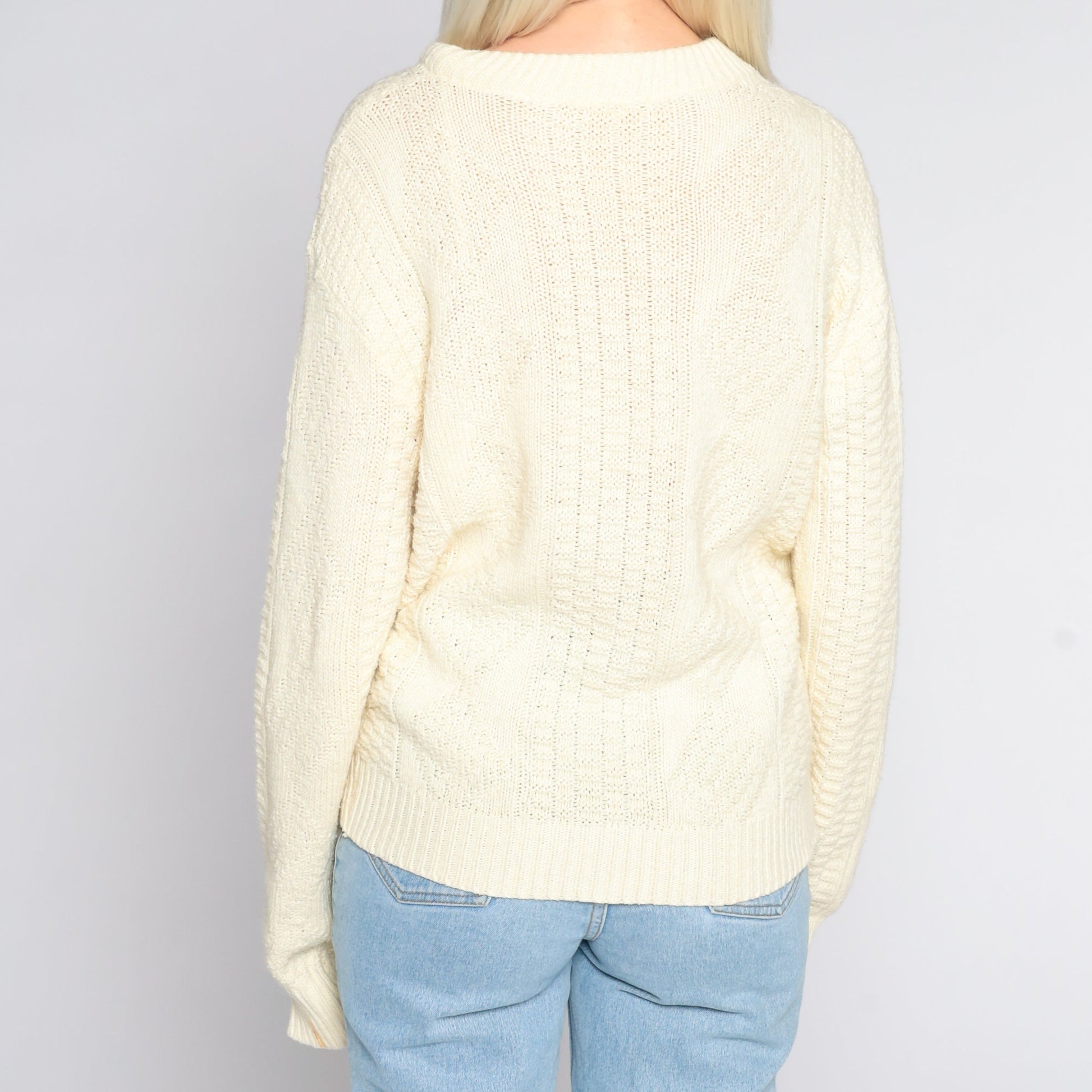 90s Cream Textured Acrylic Sweater Pullover Crewneck Large