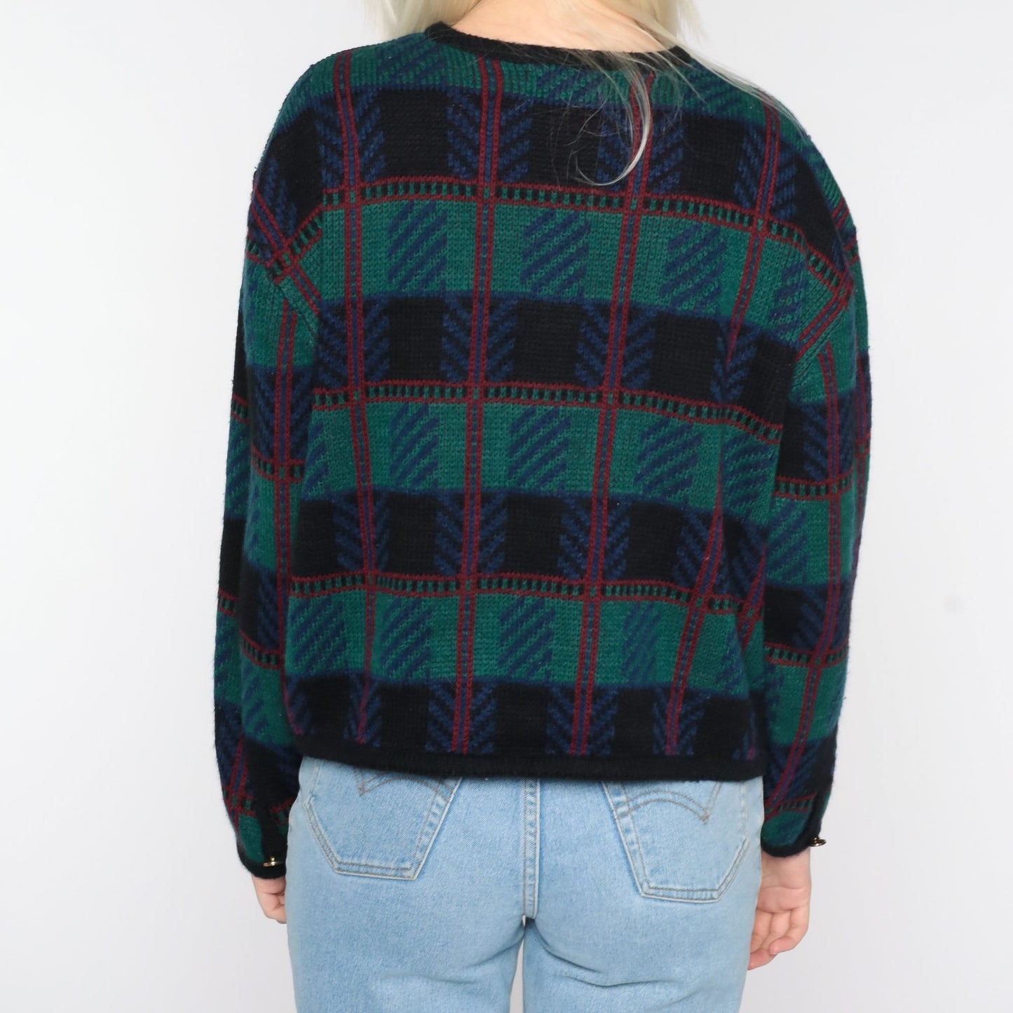 80s Checkered Cardigan Sweater Green Black Knit Button-Up Large