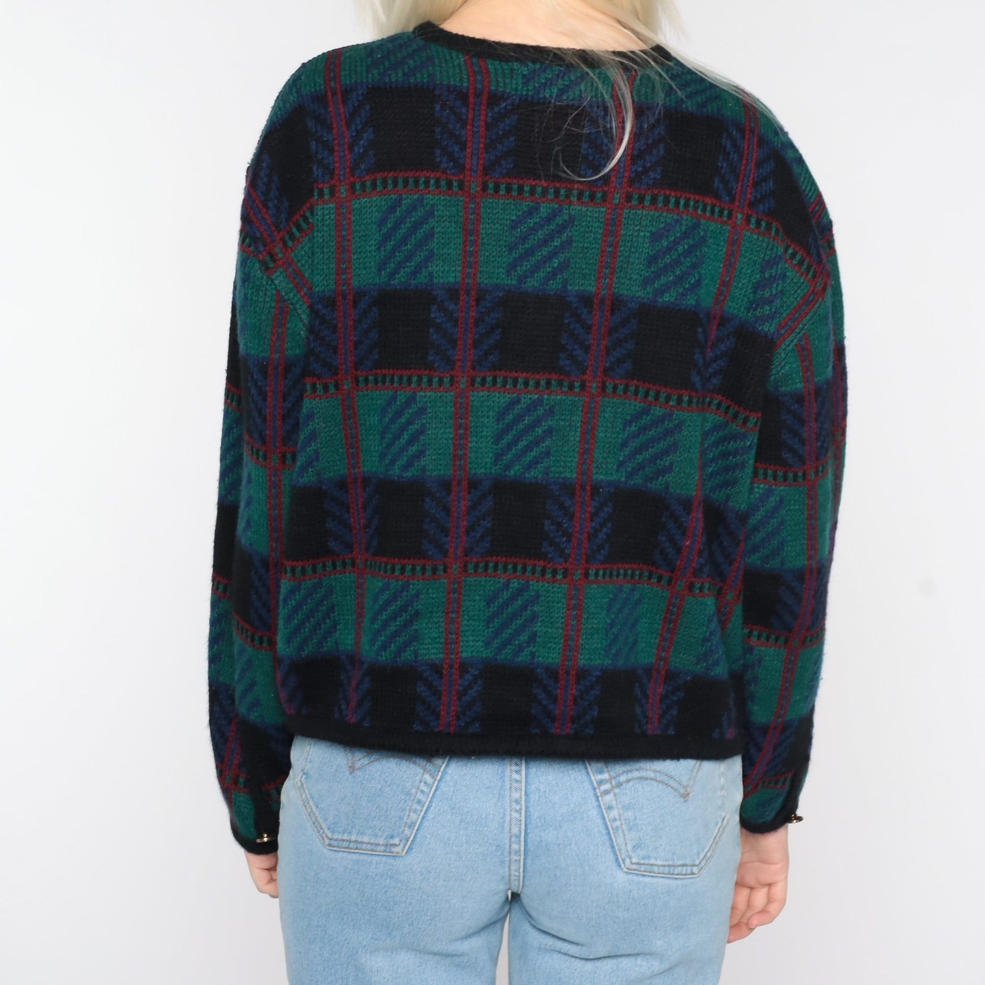 80s Checkered Cardigan Sweater Green Black Knit Button-Up Large