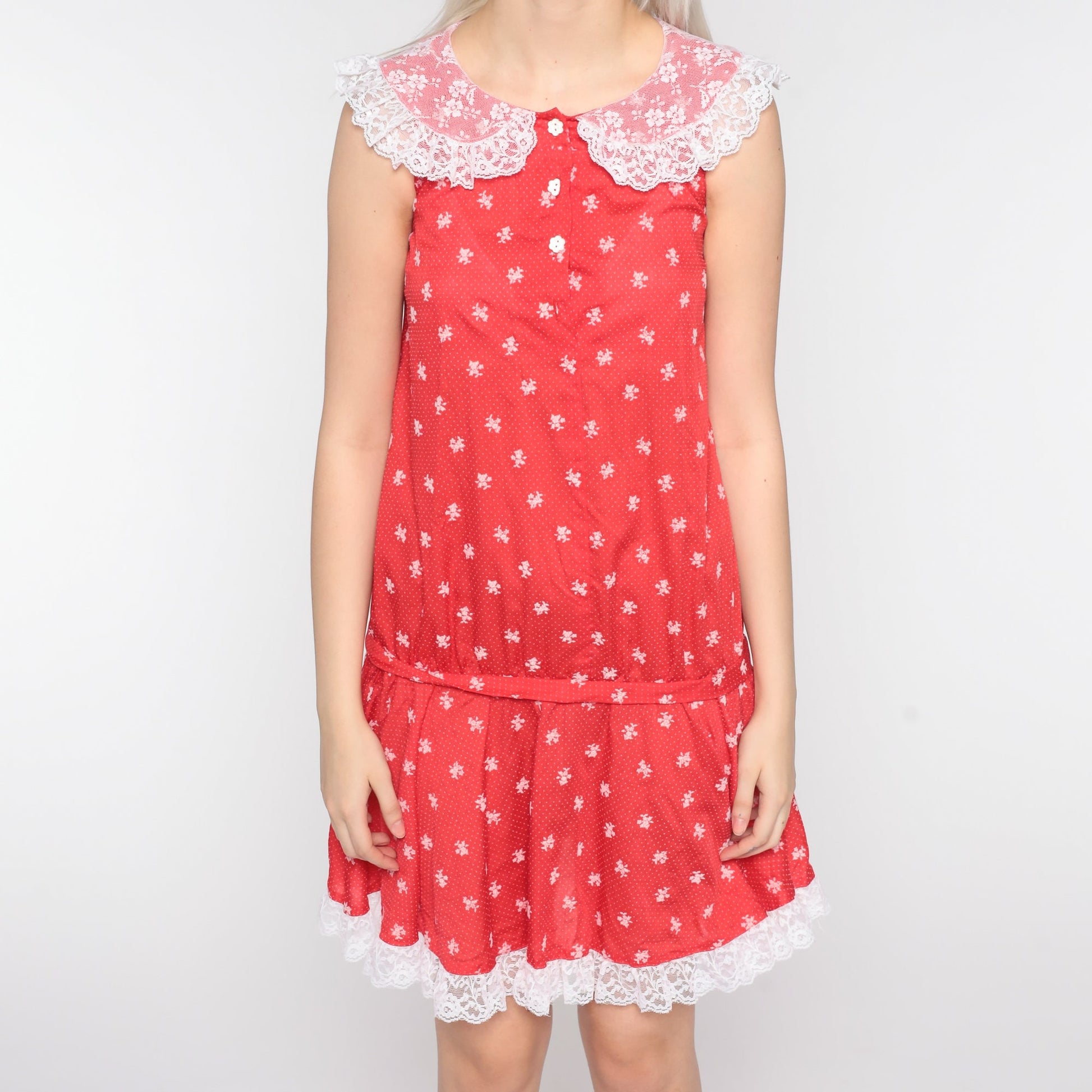 70s Red Floral Mini Dress Lace Collar Sleeveless Shift Extra Small