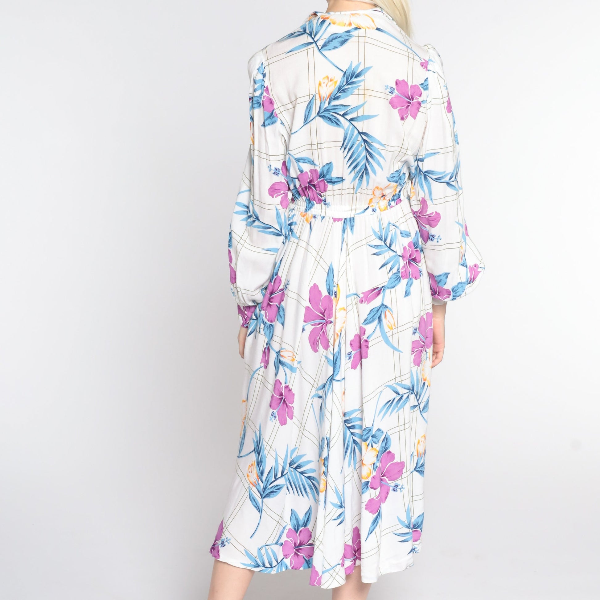 80s White Floral Midi Shirtdress High Waist Long Sleeve Button Up Small Medium