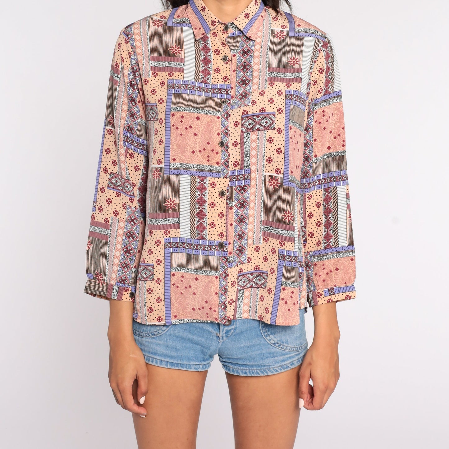 Y2K Patchwork Button-Up Blouse Geometric Paisley Peach Pink Long Sleeve Medium