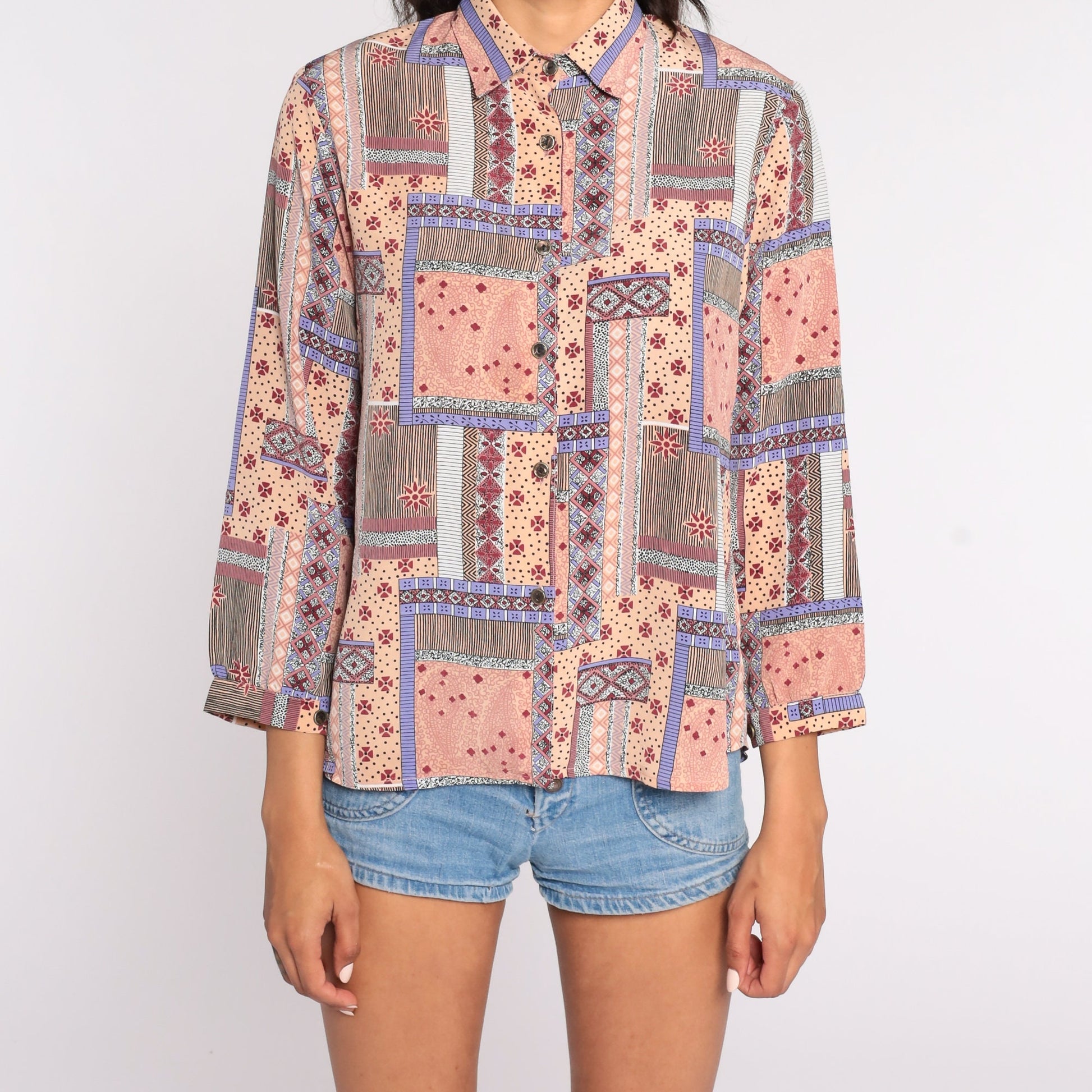 Y2K Patchwork Button-Up Blouse Geometric Paisley Peach Pink Long Sleeve Medium